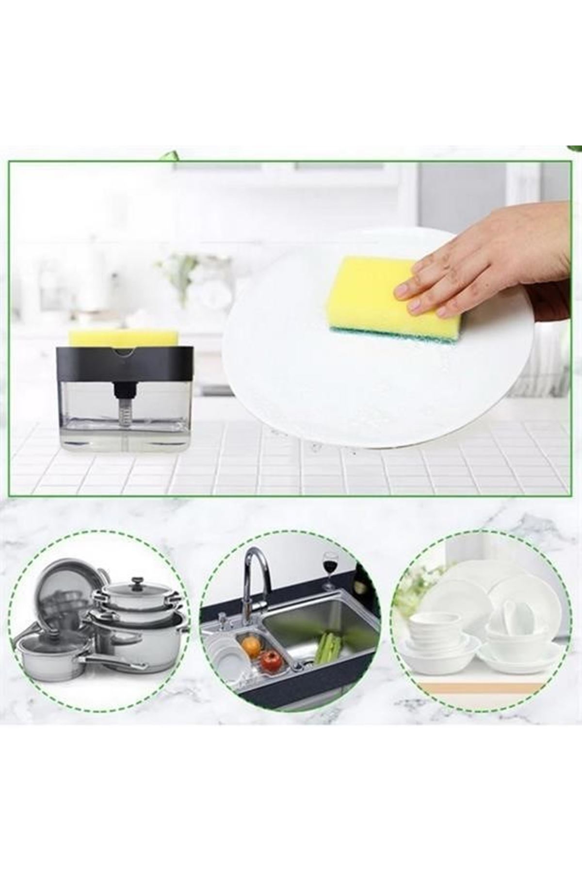 Tbl Dekor® İkisi Bir Arada  Basmalı Pratik Sıvı Sabunluk Pompası ve Bulaşık Yıkama Süngeri Haznesi