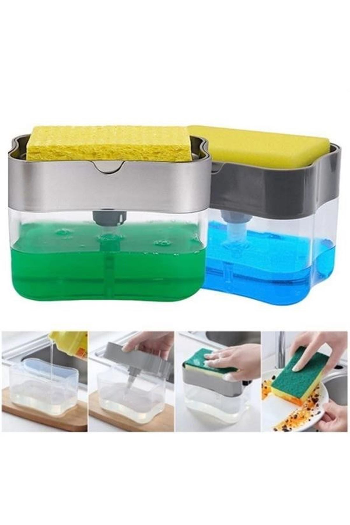 Tbl Dekor® İkisi Bir Arada  Basmalı Pratik Sıvı Sabunluk Pompası ve Bulaşık Yıkama Süngeri Haznesi