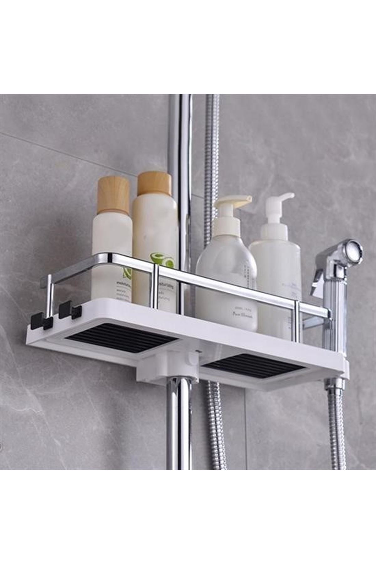 Tbl Dekor® Banyo Direğine Asılabilir Köşelik Şampuanlık Sabunluk Çift Askılı Düzenleyici Raf Paslanmaz