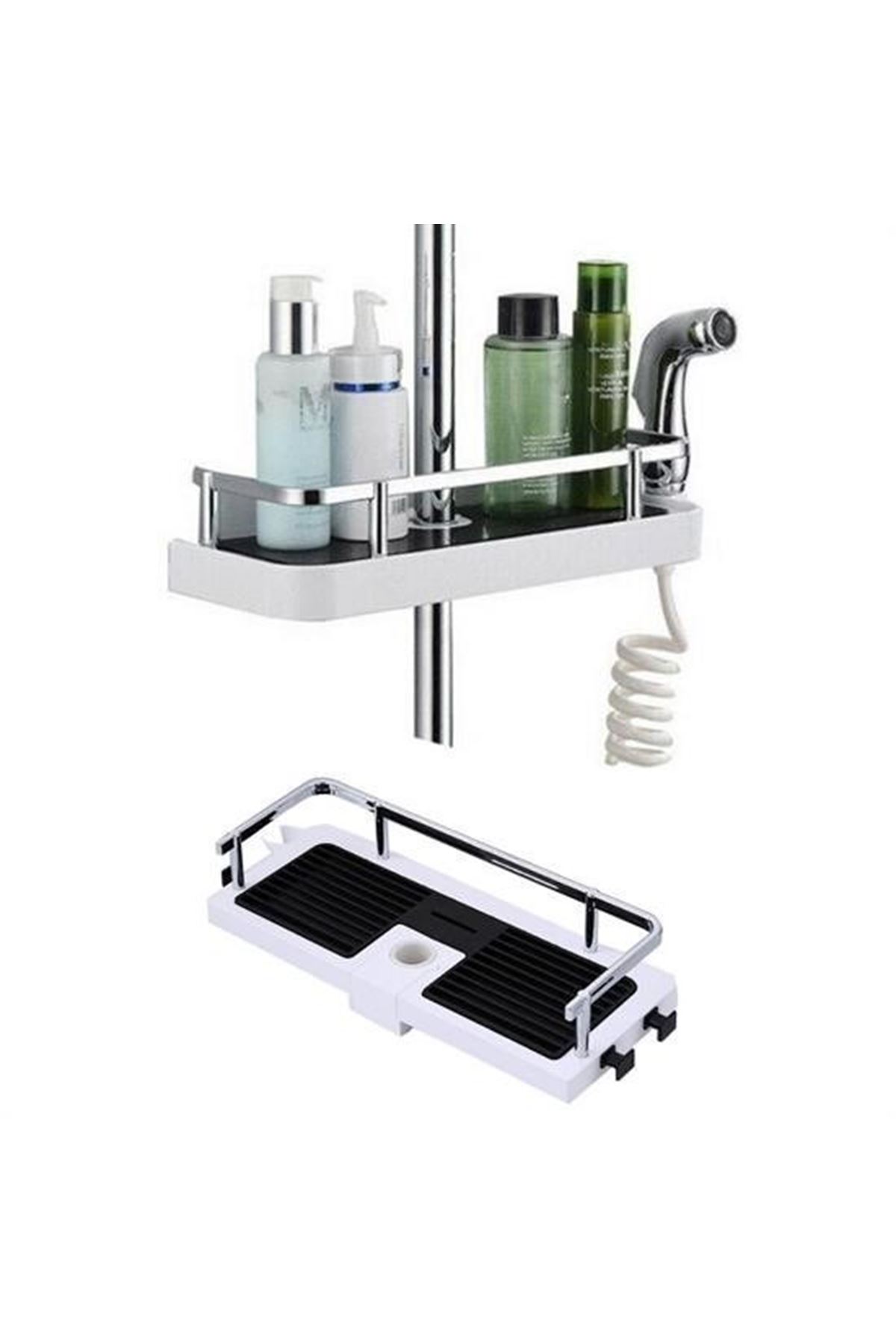 Tbl Dekor® Banyo Direğine Asılabilir Köşelik Şampuanlık Sabunluk Çift Askılı Düzenleyici Raf Paslanmaz