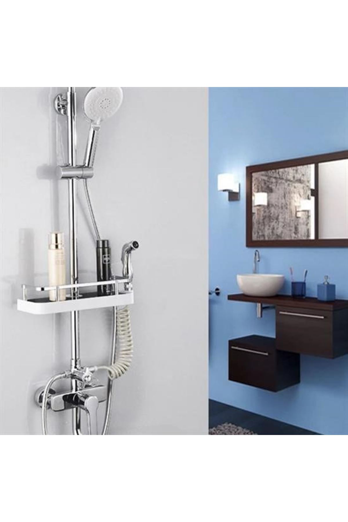 Tbl Dekor® Banyo Direğine Asılabilir Köşelik Şampuanlık Sabunluk Çift Askılı Düzenleyici Raf Paslanmaz