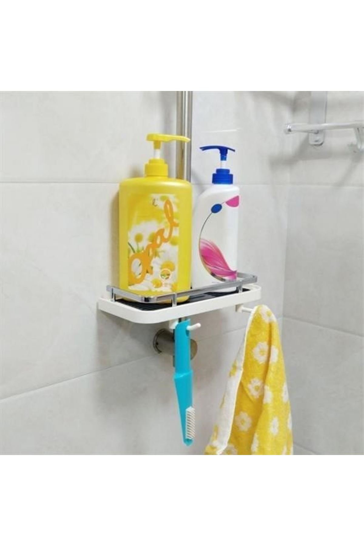 Tbl Dekor® Banyo Direğine Asılabilir Köşelik Şampuanlık Sabunluk Çift Askılı Düzenleyici Raf Paslanmaz