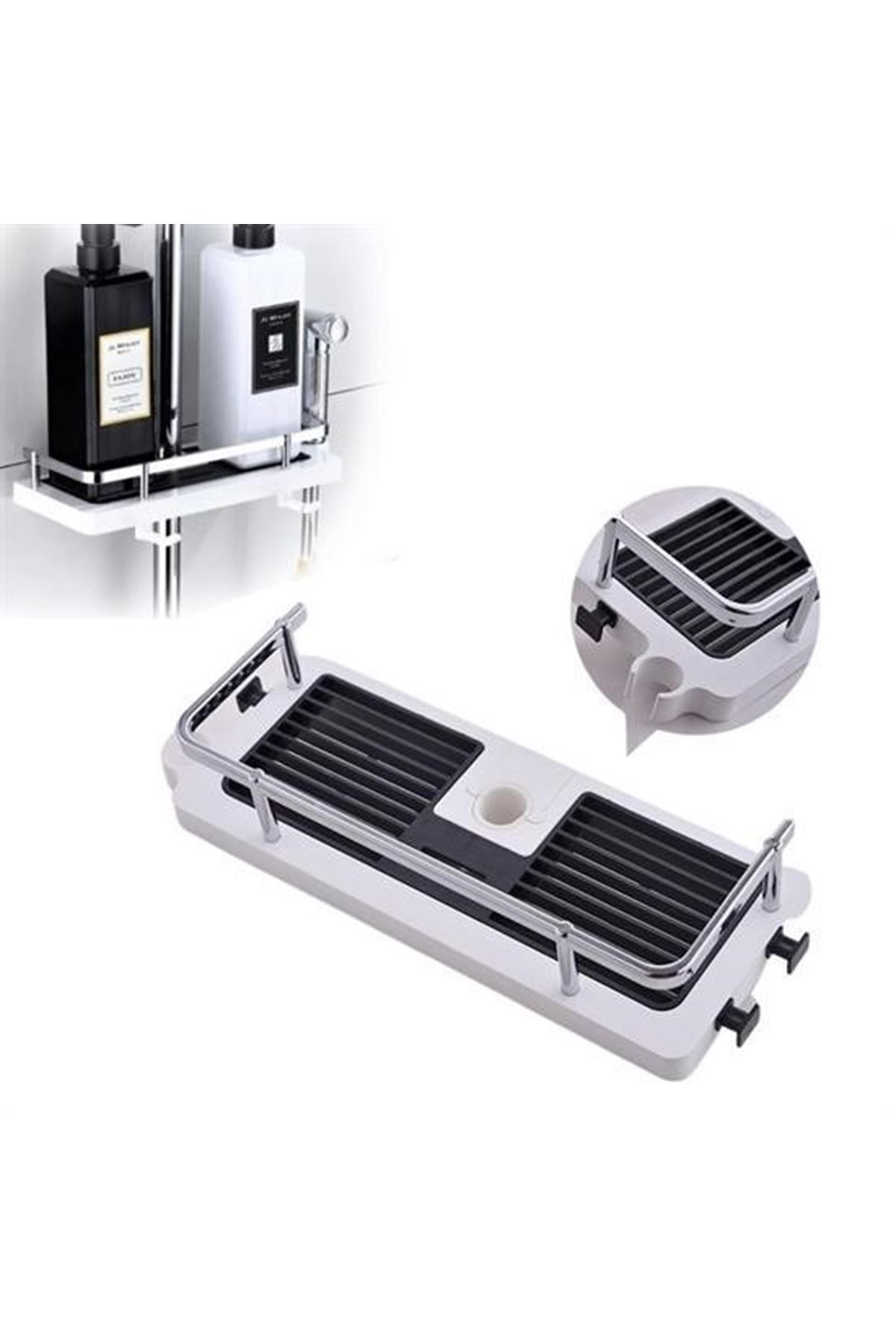 Tbl Dekor® Banyo Direğine Asılabilir Köşelik Şampuanlık Sabunluk Çift Askılı Düzenleyici Raf Paslanmaz