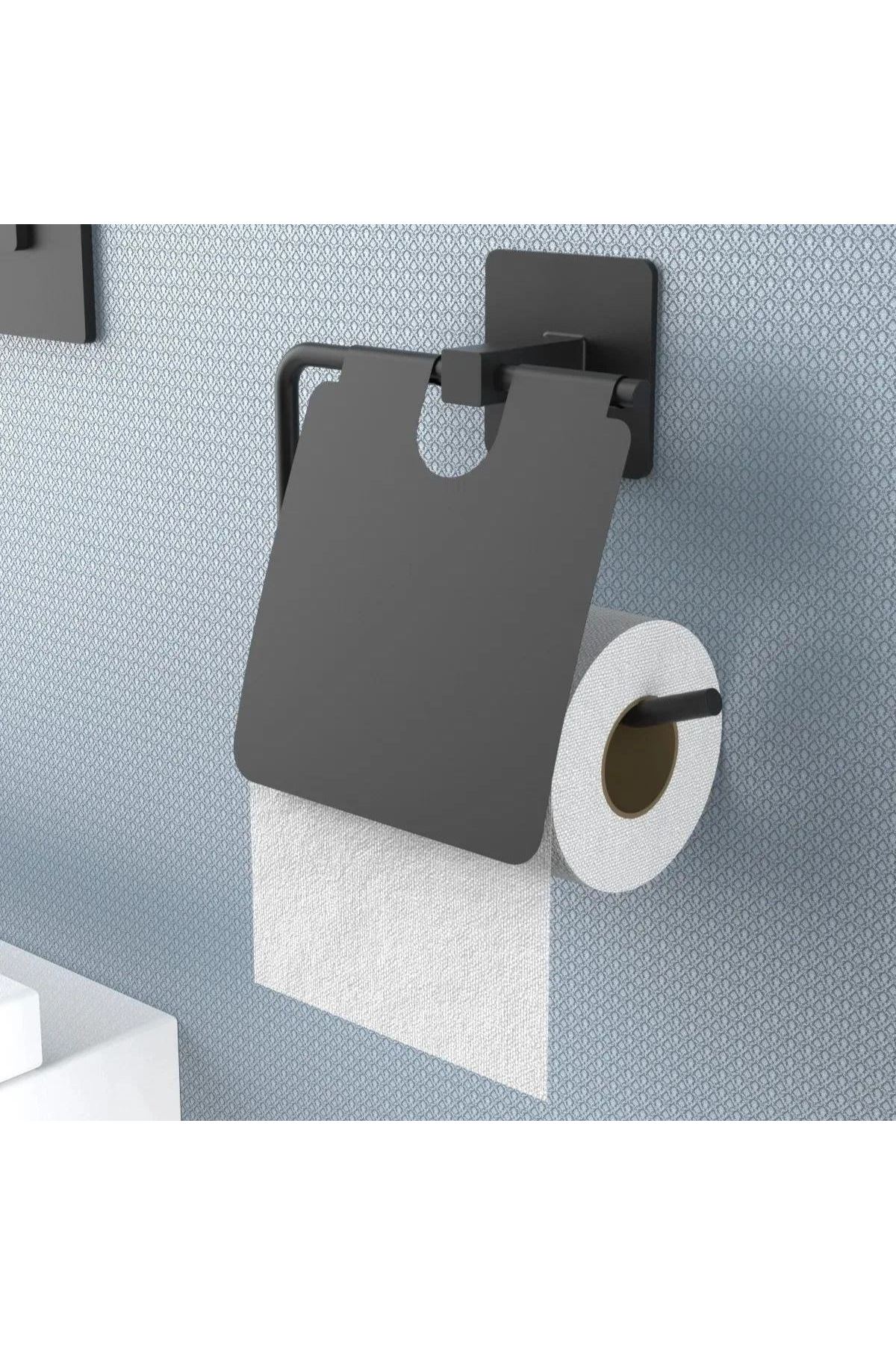 Tbl Dekor® Kendiliğinden Yapışkanlı Siyah Paslanmaz Metal Kapaklı Tuvalet Kağıtlığı Aparatı