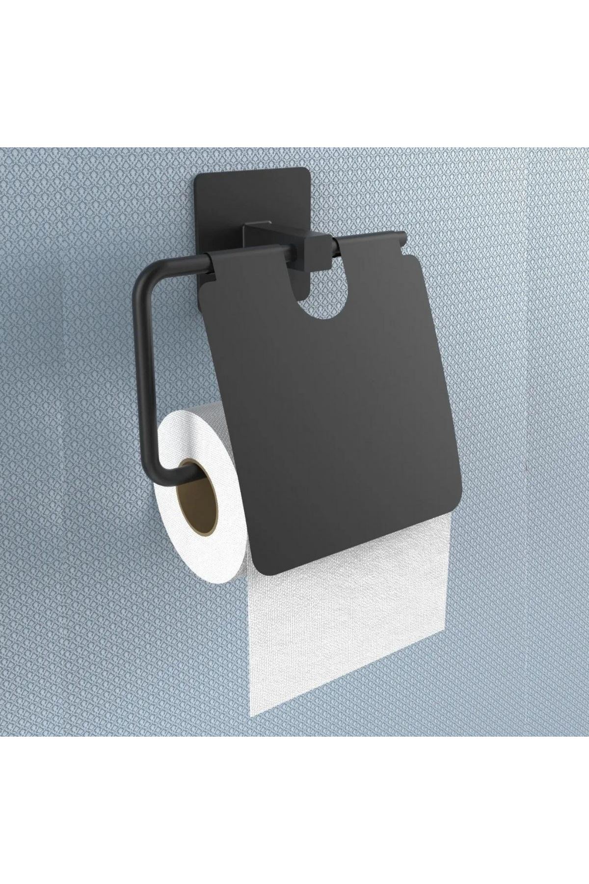 Tbl Dekor® Kendiliğinden Yapışkanlı Siyah Paslanmaz Metal Kapaklı Tuvalet Kağıtlığı Aparatı