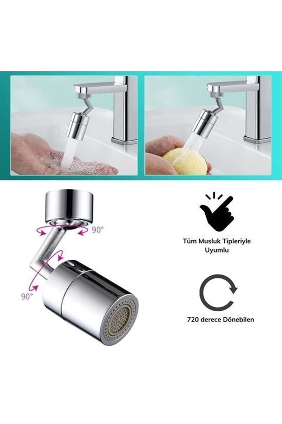 Tbl Dekor®  720 Derece Dönebilen 4 Filtreli Tüm Musluk Tipleri İle Uyumlu Montaj Aparatlı Musluk Başlık