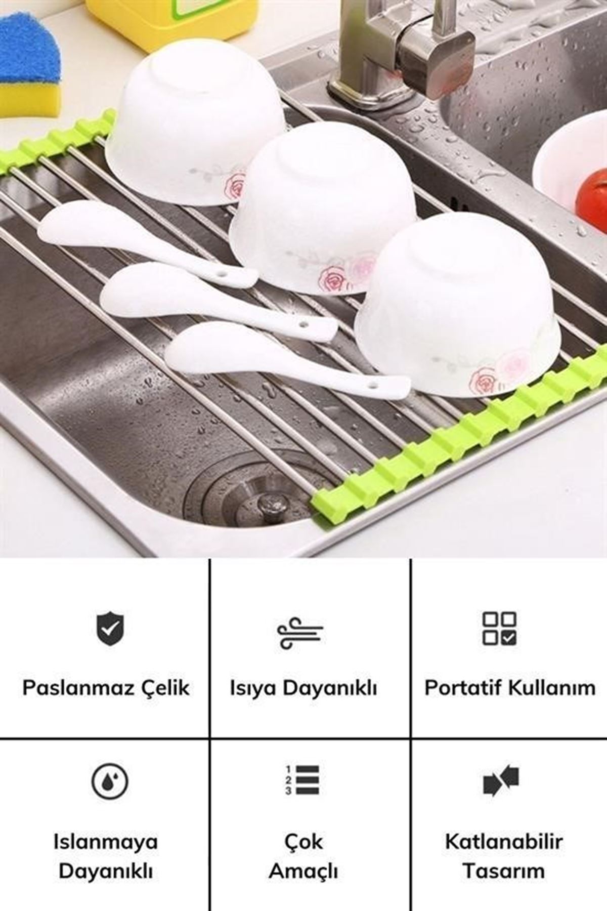 Tbl Dekor® Evye Üstü Katlanır Nihale Paslanmaz Çelik Pratik Sebze Meyve Bulaşık Kurutma Süzgeci