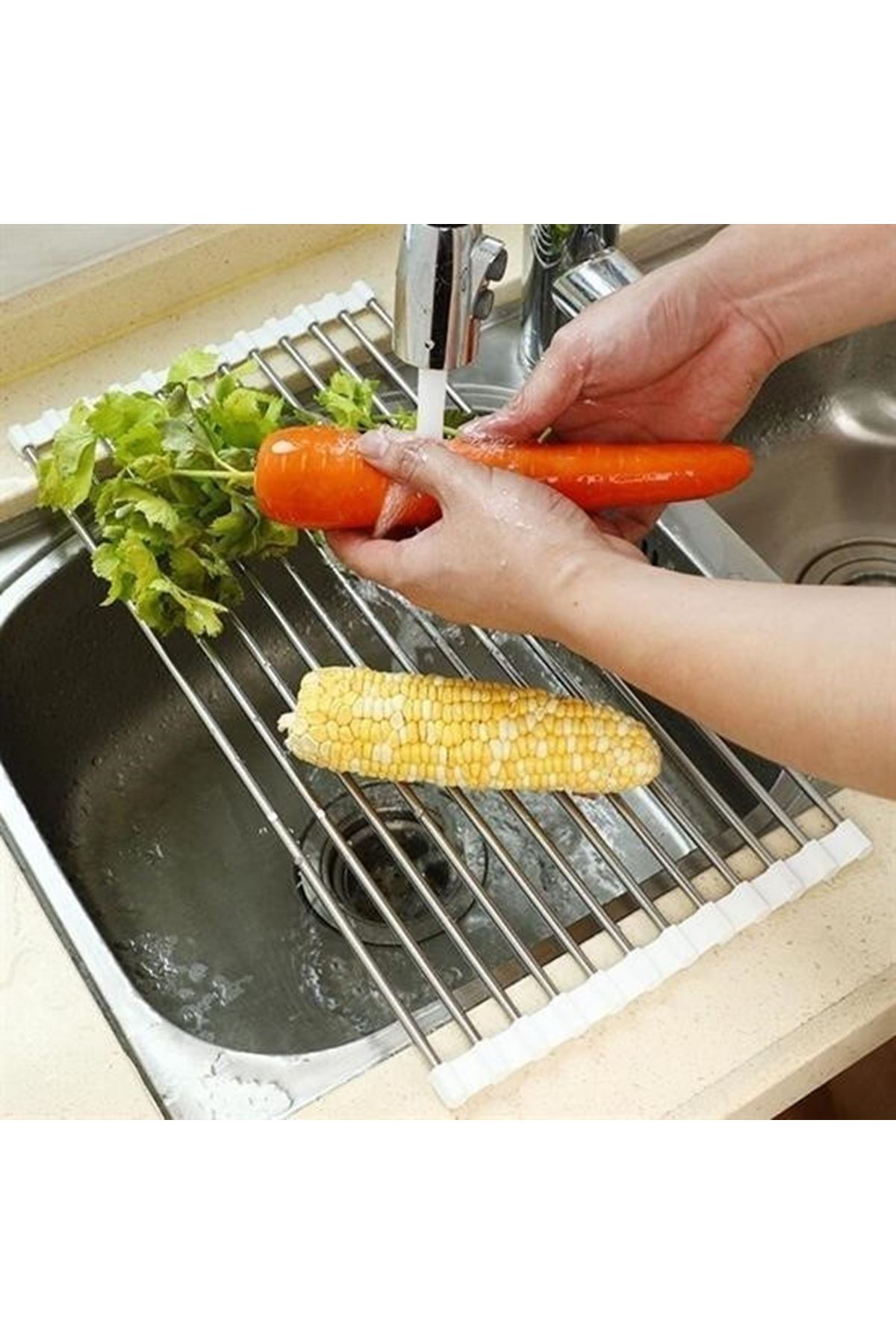 Tbl Dekor® Evye Üstü Katlanır Nihale Paslanmaz Çelik Pratik Sebze Meyve Bulaşık Kurutma Süzgeci