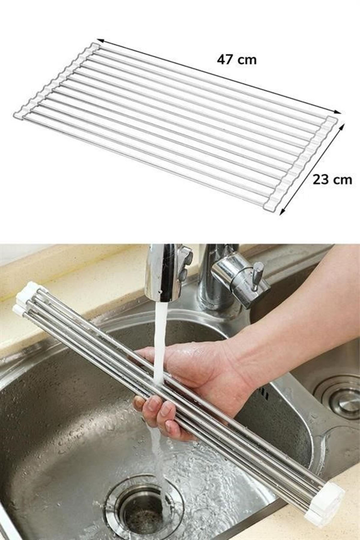 Tbl Dekor® Evye Üstü Katlanır Nihale Paslanmaz Çelik Pratik Sebze Meyve Bulaşık Kurutma Süzgeci
