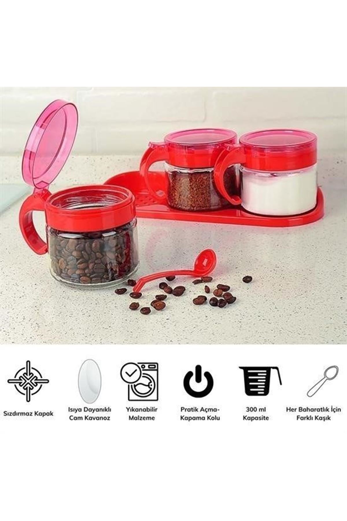 Tbl Dekor®  Kırmızı 3lü Standlı Kapaklı Kaşıklı Cam Hava Sızdırmaz Baharatlık Takımı  KC-386