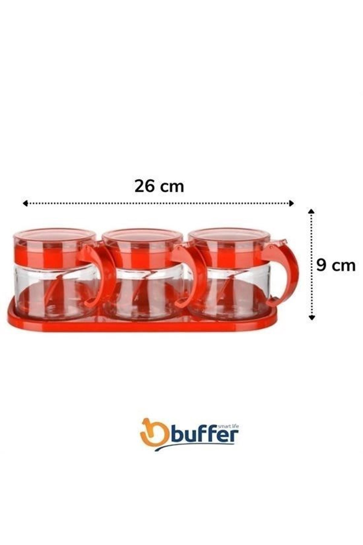 Tbl Dekor®  Kırmızı 3lü Standlı Kapaklı Kaşıklı Cam Hava Sızdırmaz Baharatlık Takımı  KC-386