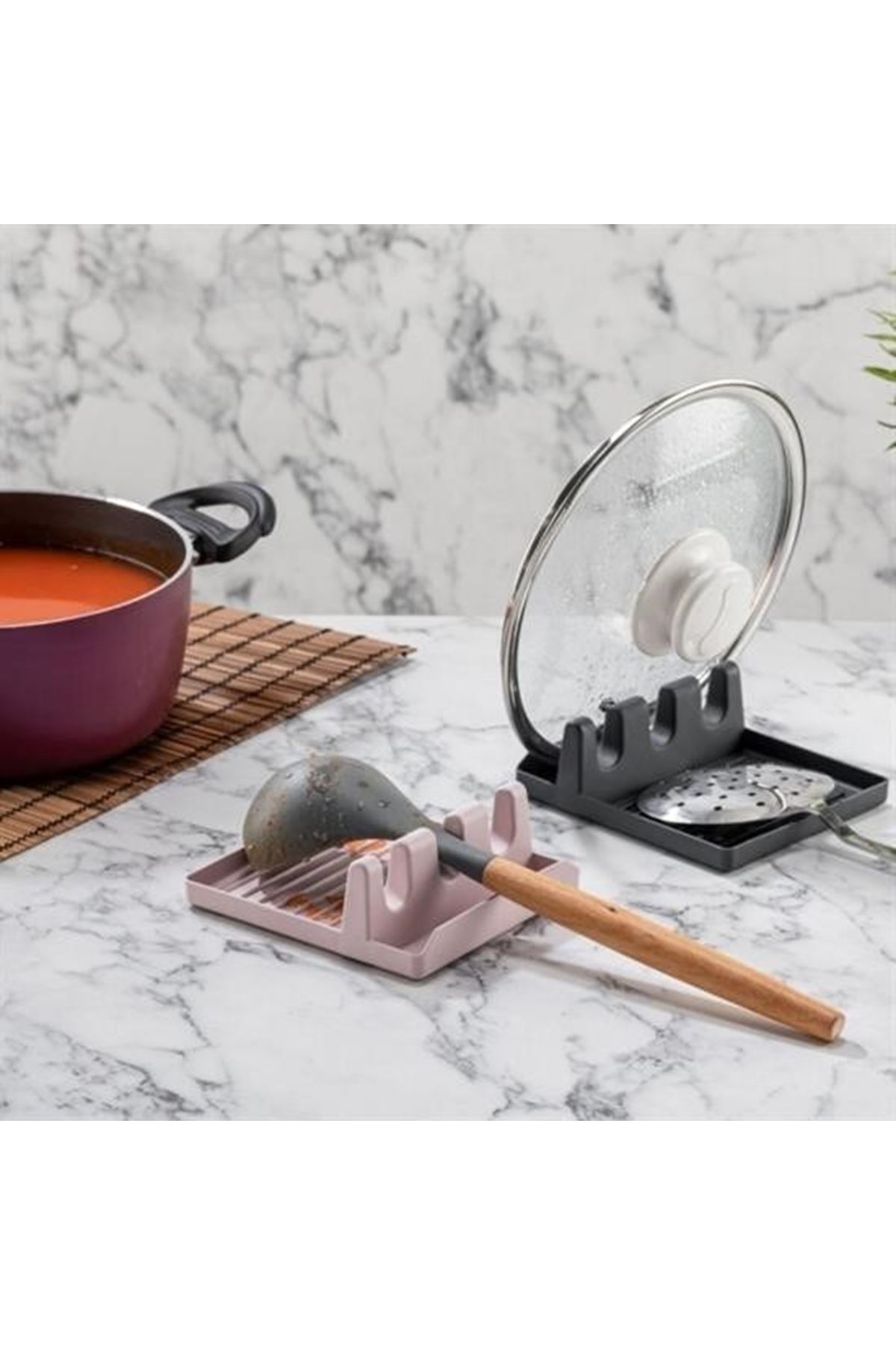 Tbl Dekor® Tencere Kapak Tutuculu Kaşıklıklı Tencere Kapak Standı Pratik Kaşık Kepçe Altlık Düzenleyici