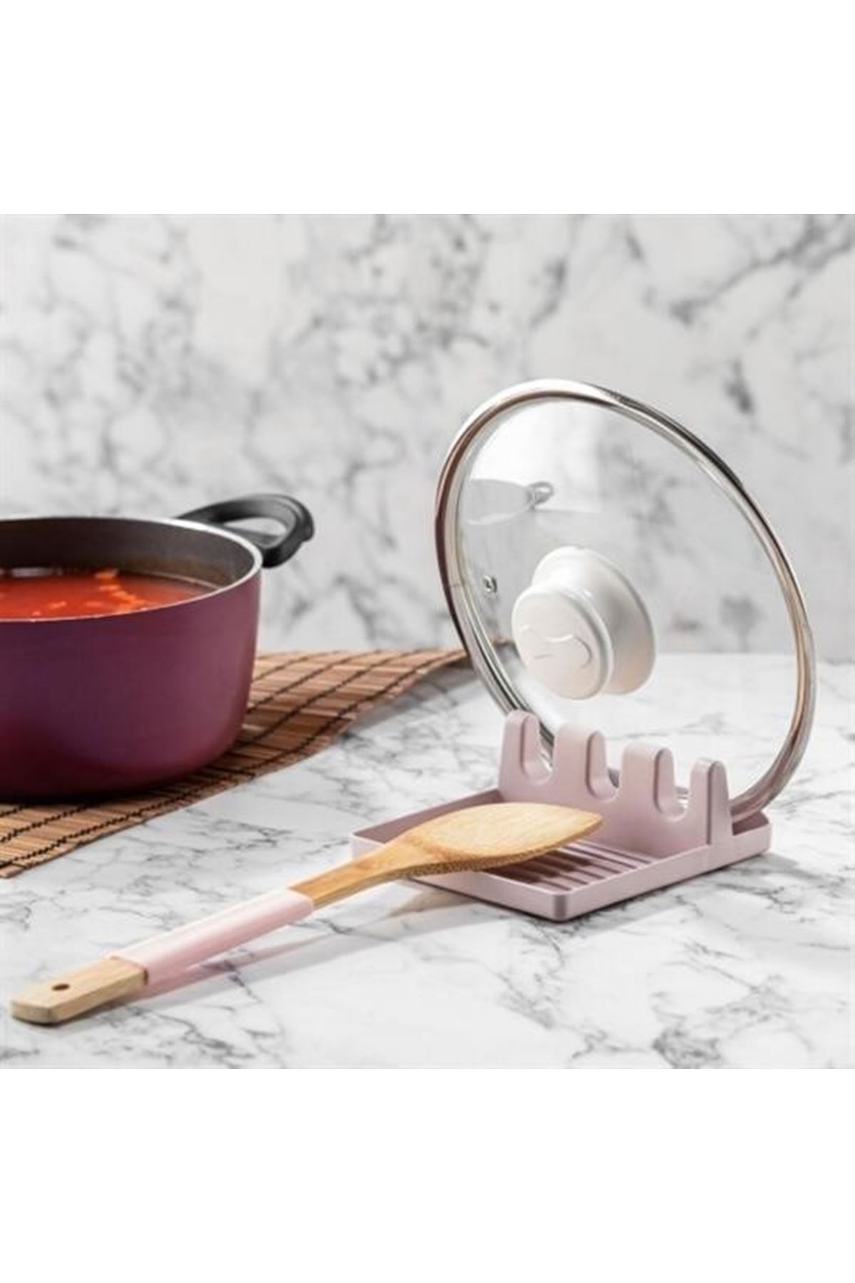 Tbl Dekor® Tencere Kapak Tutuculu Kaşıklıklı Tencere Kapak Standı Pratik Kaşık Kepçe Altlık Düzenleyici