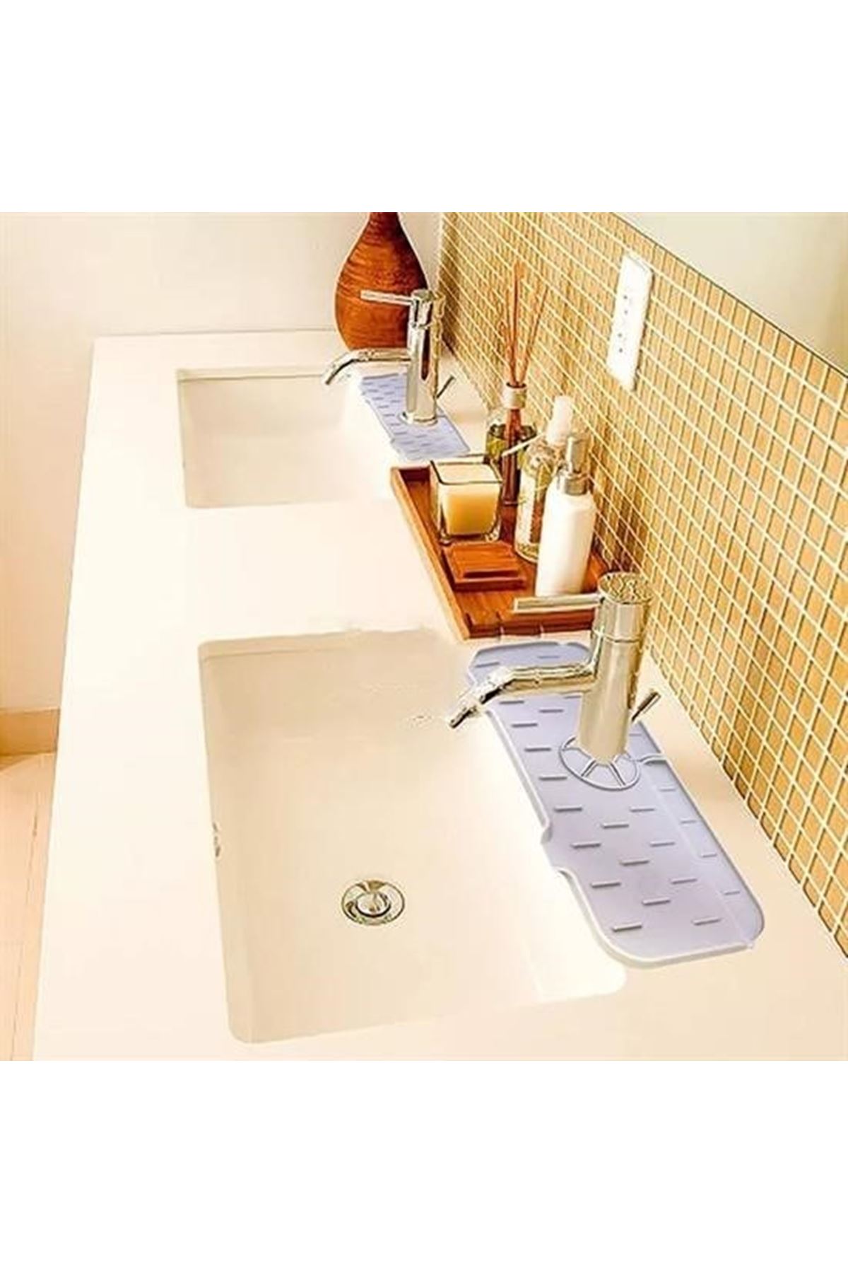 Tbl Dekor® Lavabo İçin Silikon Esnek Mat Musluk Sapı Damlama Tutucu Raf Mutfak Tezgahı Sıçrama Koruma