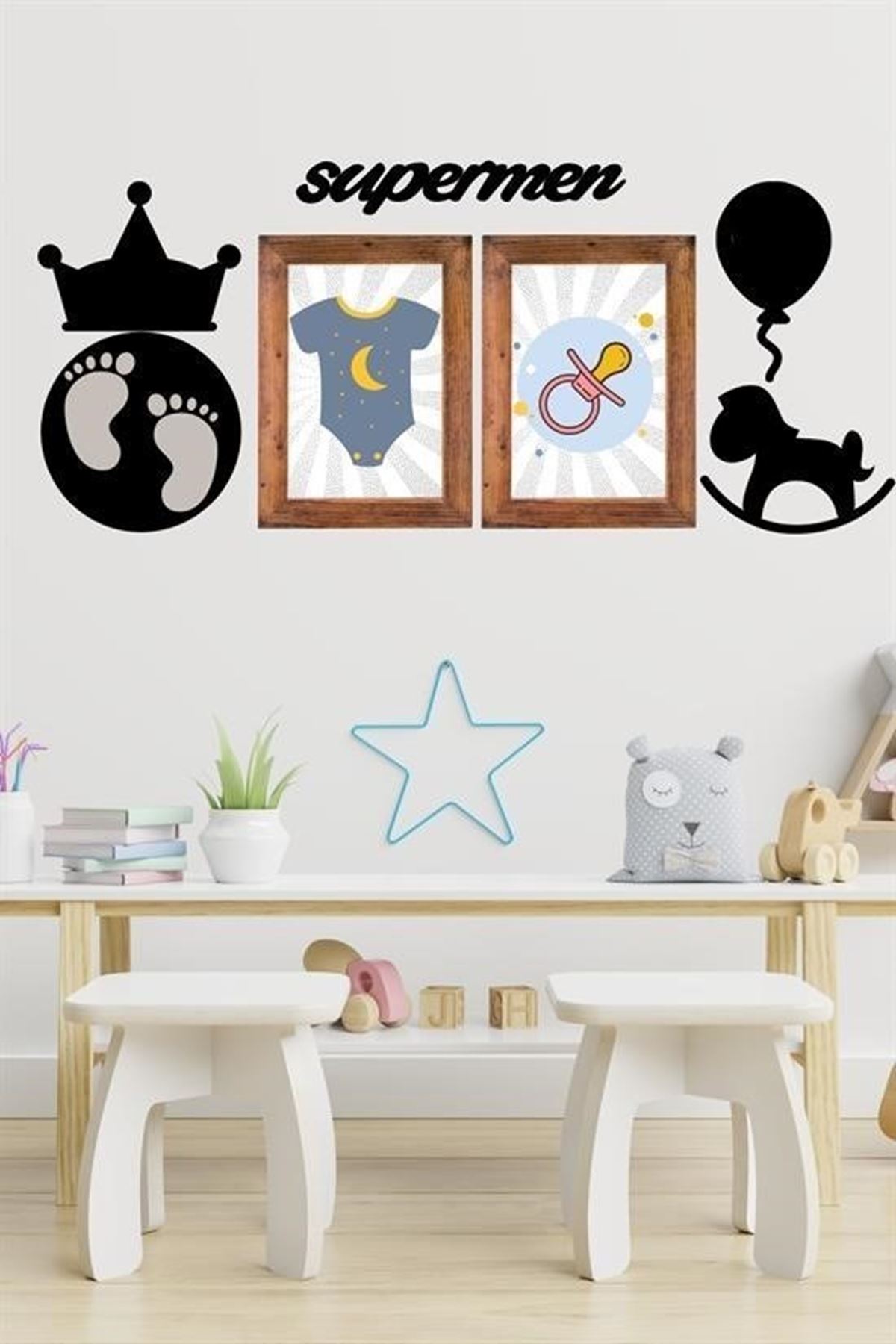 Tbl Dekor® DECO103 Supermen Dekoratif Duvar Süsü Tablo Aksesuar Ahşap Tasarım Hediye Pano Sticker Seti