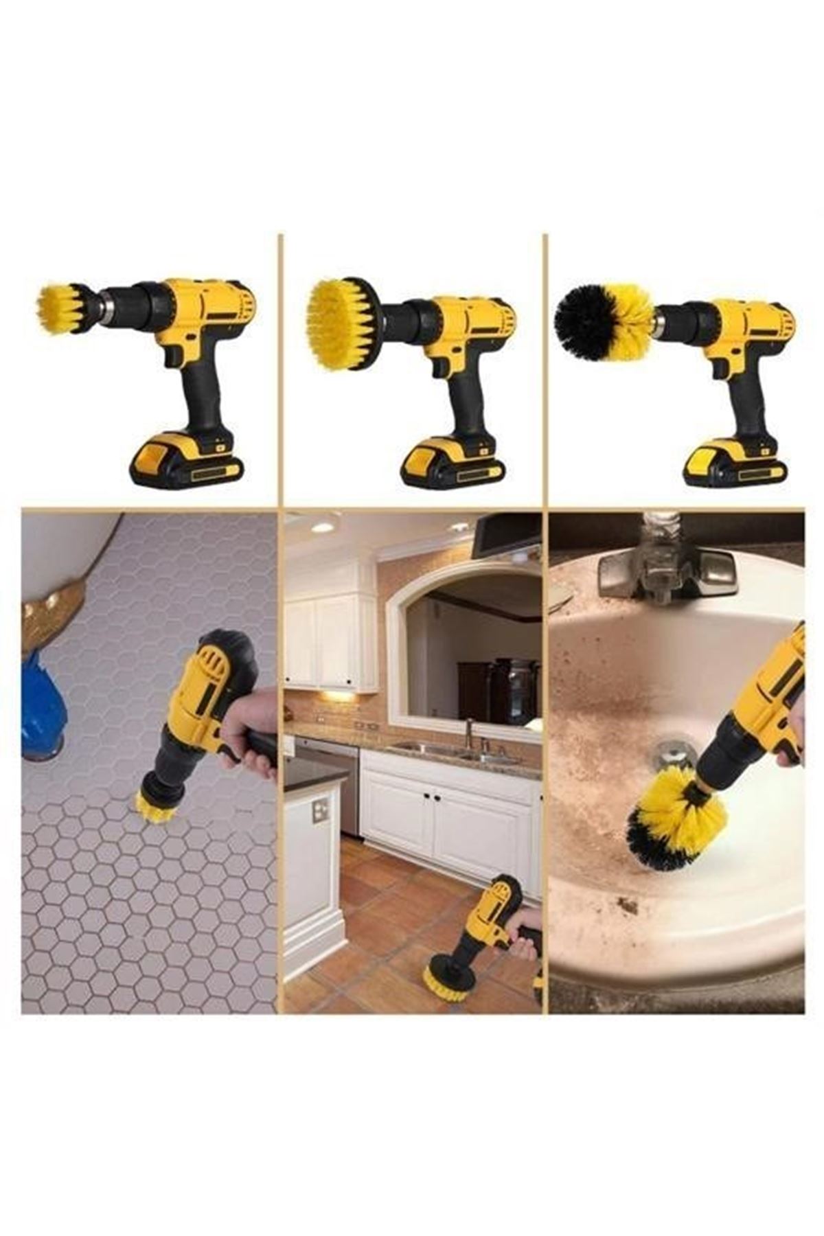 Tbl Dekor® 3lü Matkap Ucu Banyo Küvet Duşakabin Araba Tekerliği Koltuk Yıkama Temizleme Fırçası Seti