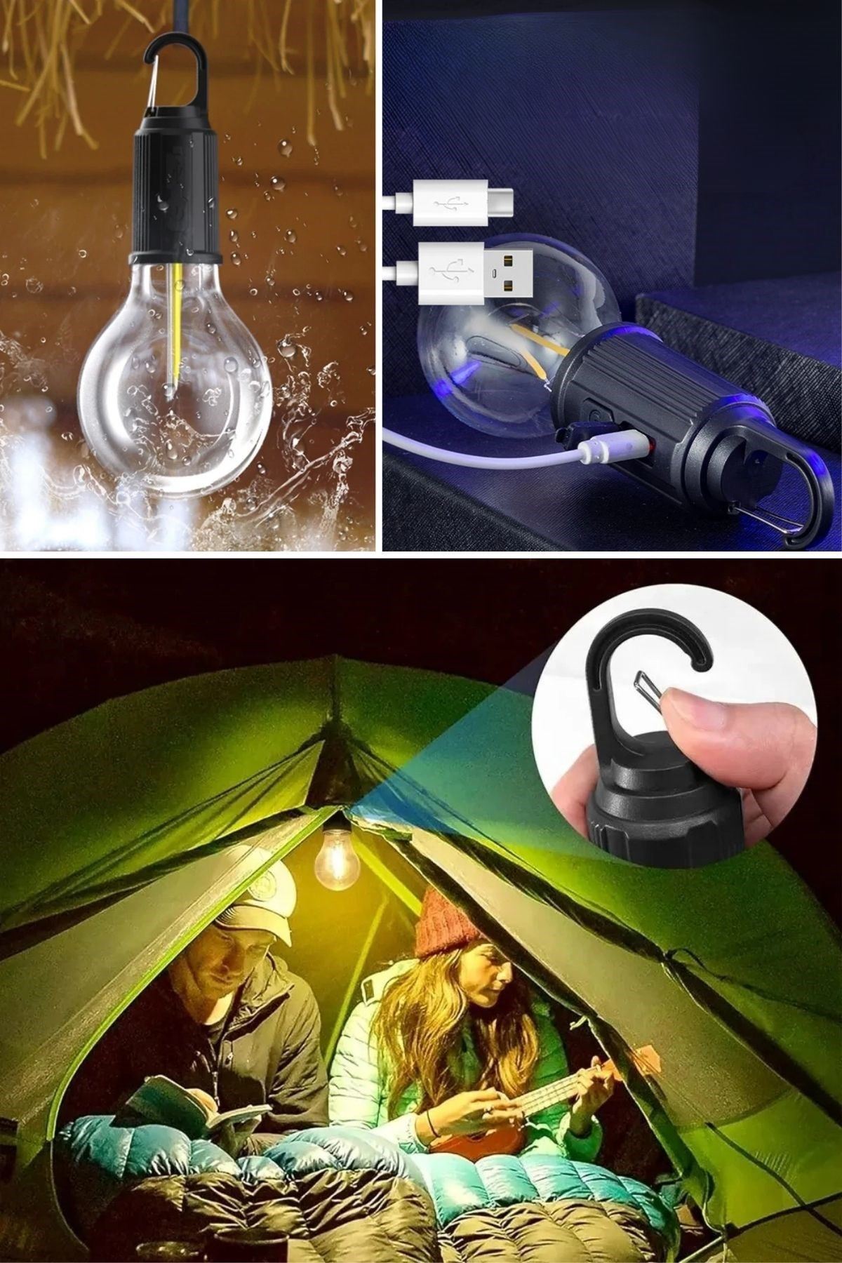 Tbl Dekor® Şarj Olabilen 3 Farklı Mod LED'li Kendiliğinden Asma Kancalı Kamp,Dış Cephe Lambası