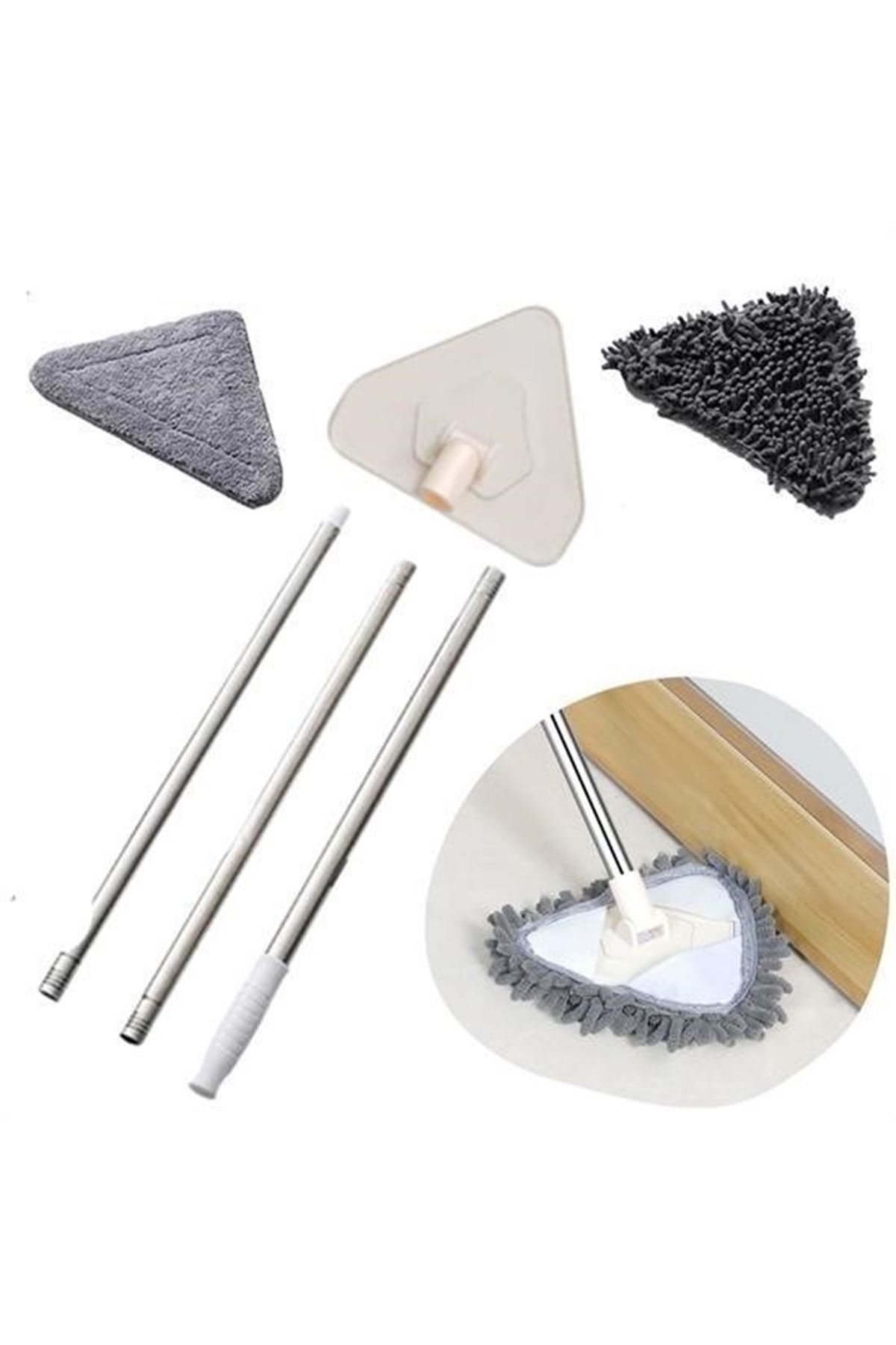 Tbl Dekor® Teleskopik Saplı 150 cm Üçgen Mop Cam Duvar Tavan Fayans Parke Temizleyici Mop