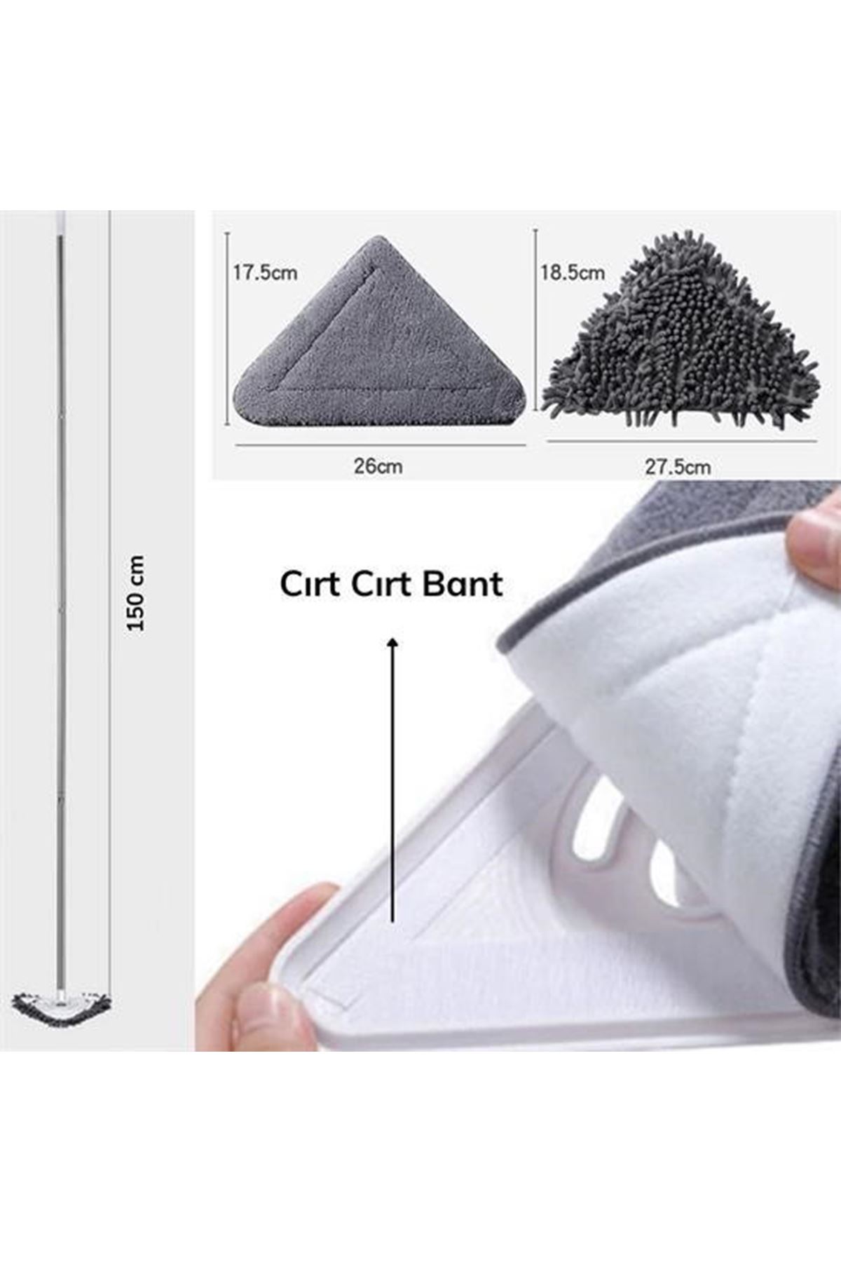 Tbl Dekor® Teleskopik Saplı 150 cm Üçgen Mop Cam Duvar Tavan Fayans Parke Temizleyici Mop