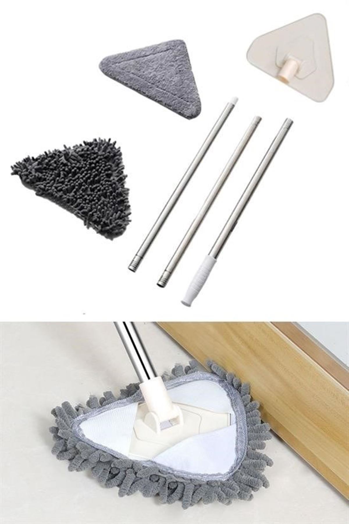 Tbl Dekor® Teleskopik Saplı 150 cm Üçgen Mop Cam Duvar Tavan Fayans Parke Temizleyici Mop