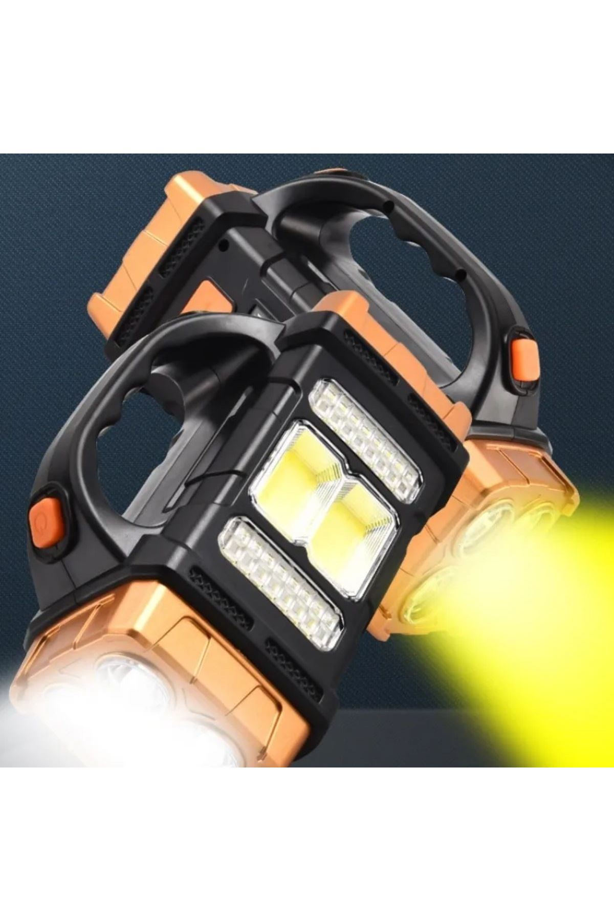 Tbl Dekor® Solar ve USB Şarjlı LED + COB El Feneri | 1500 mAh Şarjlı Taşınabilir Çalışma Işığı–Su Geçirmez HB-2678