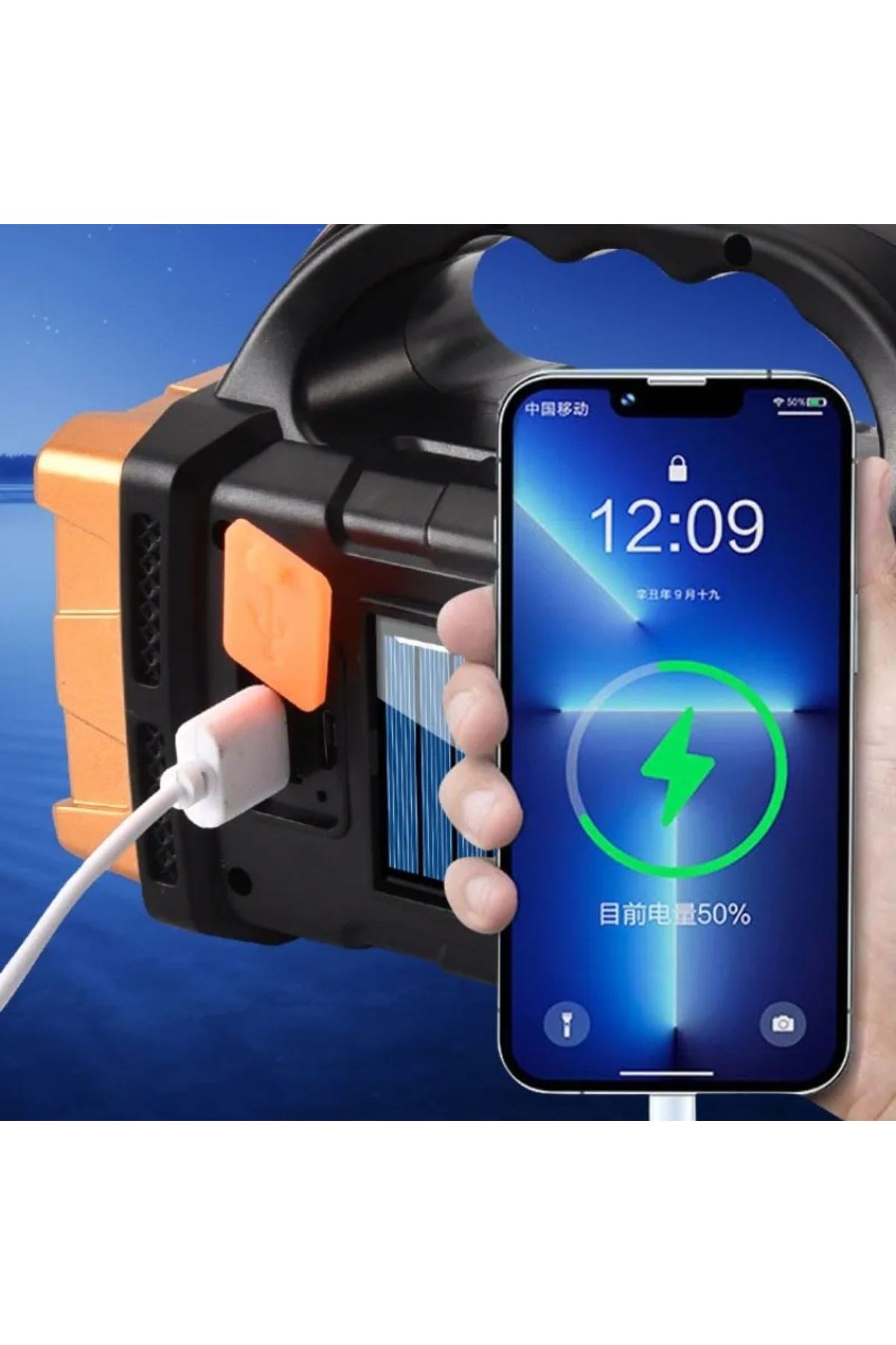 Tbl Dekor® Solar ve USB Şarjlı LED + COB El Feneri | 1500 mAh Şarjlı Taşınabilir Çalışma Işığı–Su Geçirmez HB-2678