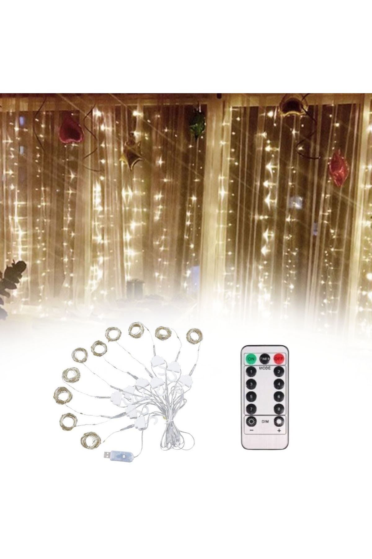 Tbl Dekor® Uzaktan Kumandalı LED Perdeye Takılabilen Kancalı Işık Usb 3x3 Metre Peri Perde LED