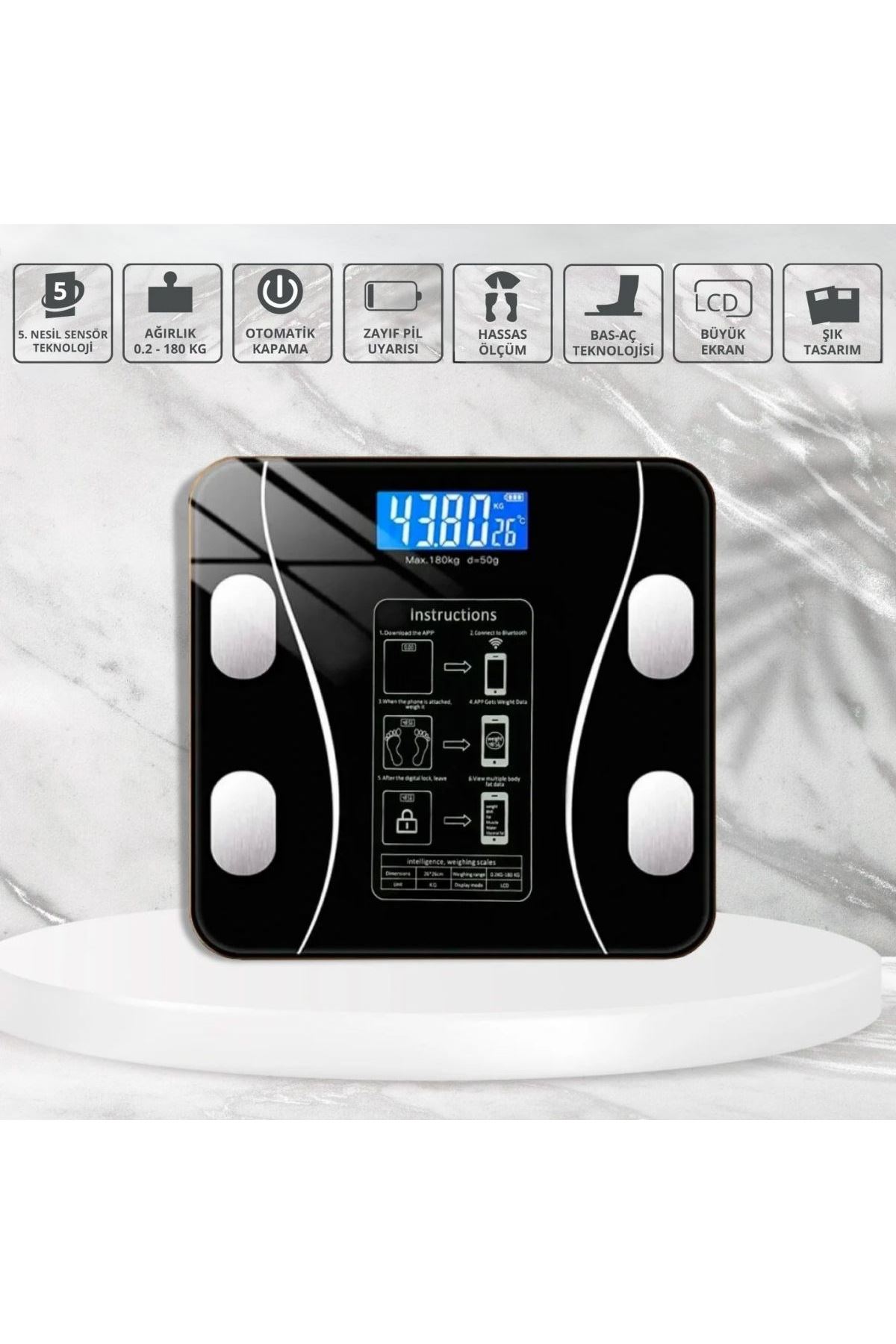Tbl Dekor® Dijital Baskül Yağ Ölçer Fonksiyonlu Akıllı Baskül Bluetooth Bağlantılı Tartı