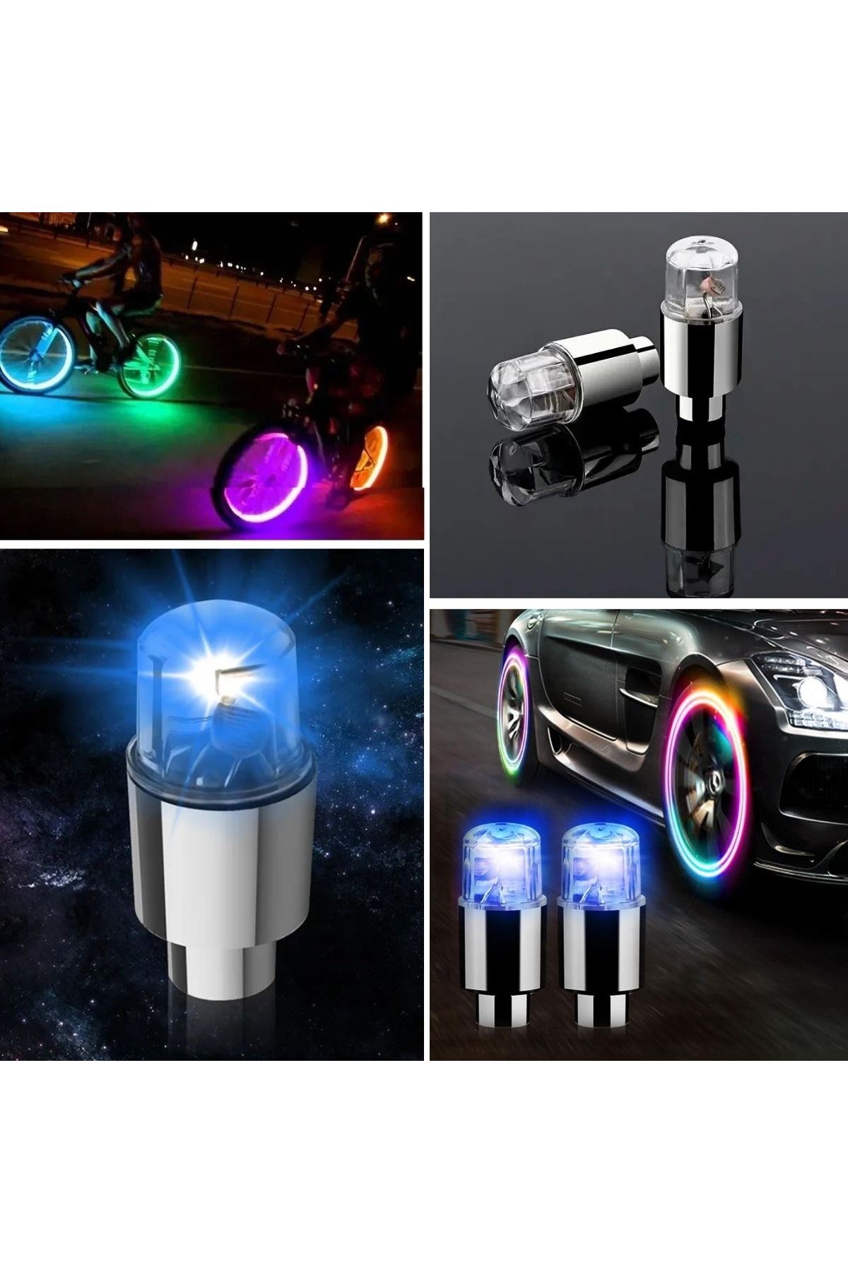 Tbl Dekor® Araç ve Bisiklet İçin 2’li Mavi LED Hava Valfi Işık Kapakları–Gece Parlayan Lastik Lambası Sibop Kapağı