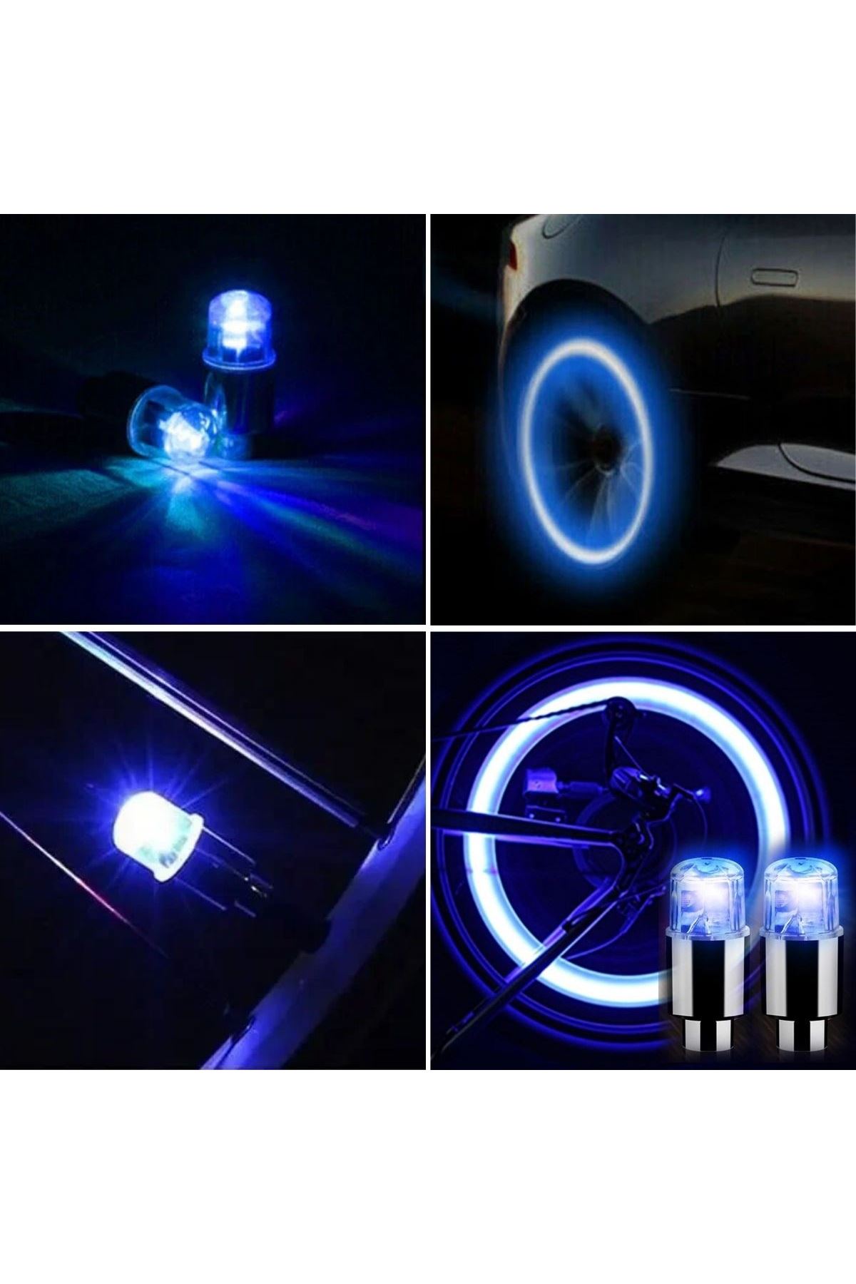 Tbl Dekor® Araç ve Bisiklet İçin 2’li Mavi LED Hava Valfi Işık Kapakları–Gece Parlayan Lastik Lambası Sibop Kapağı