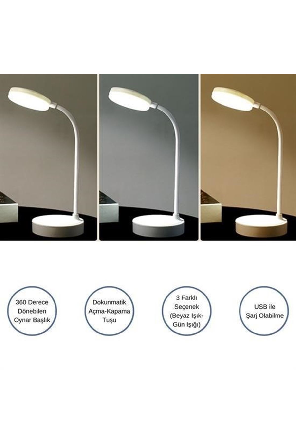 Tbl Dekor® Yuvarlak USBli Dokunmatik 3 Kademeli 360 Derece  Özel Göz Korumalı Led Lityum Masa Lambası