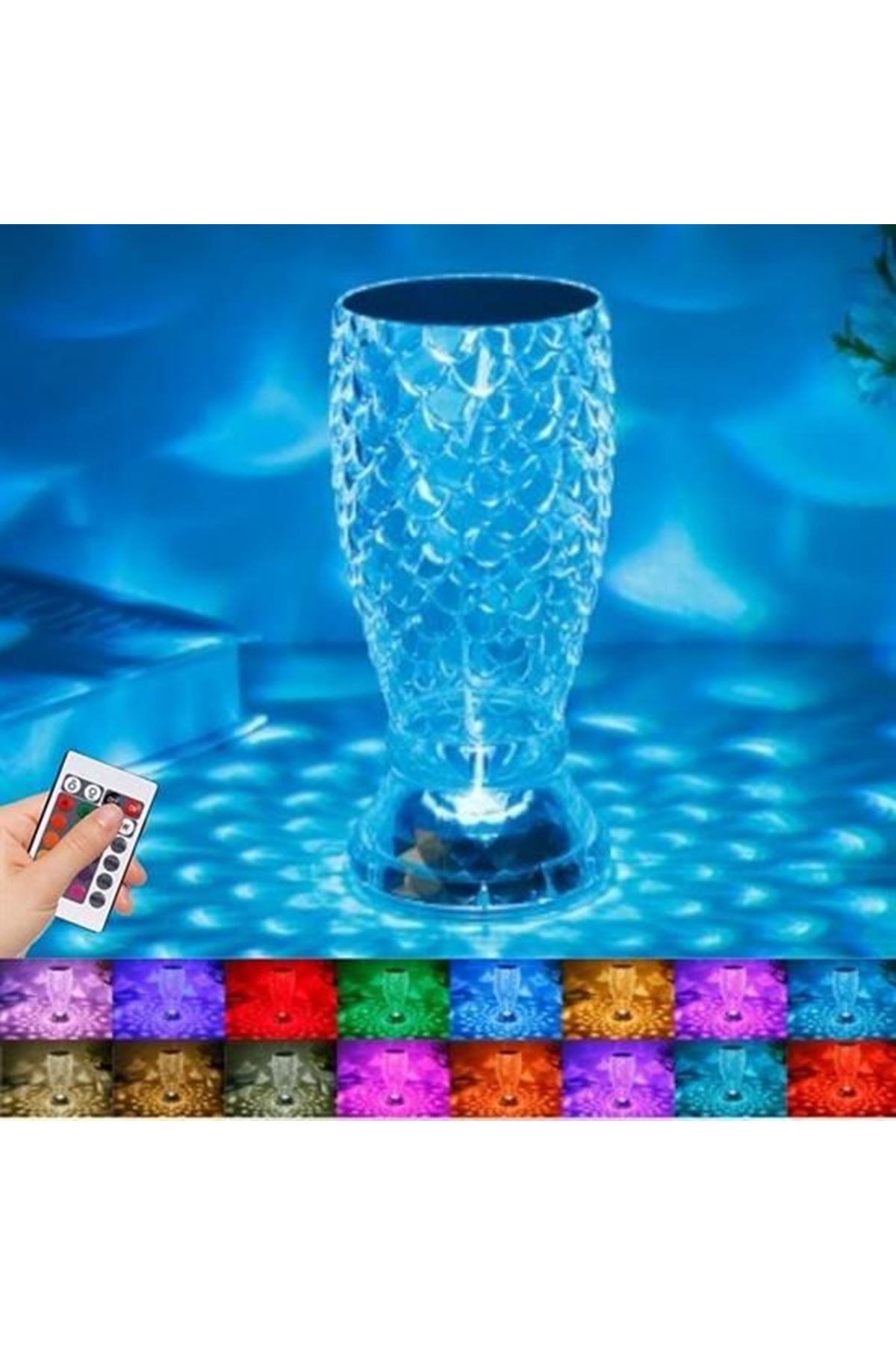 Tbl Dekor® Balık Süzgeç Model USB Şarjlı Kumandalı 16Farklı Işık Modlu Masa Üstü Kristal Akrilik Led