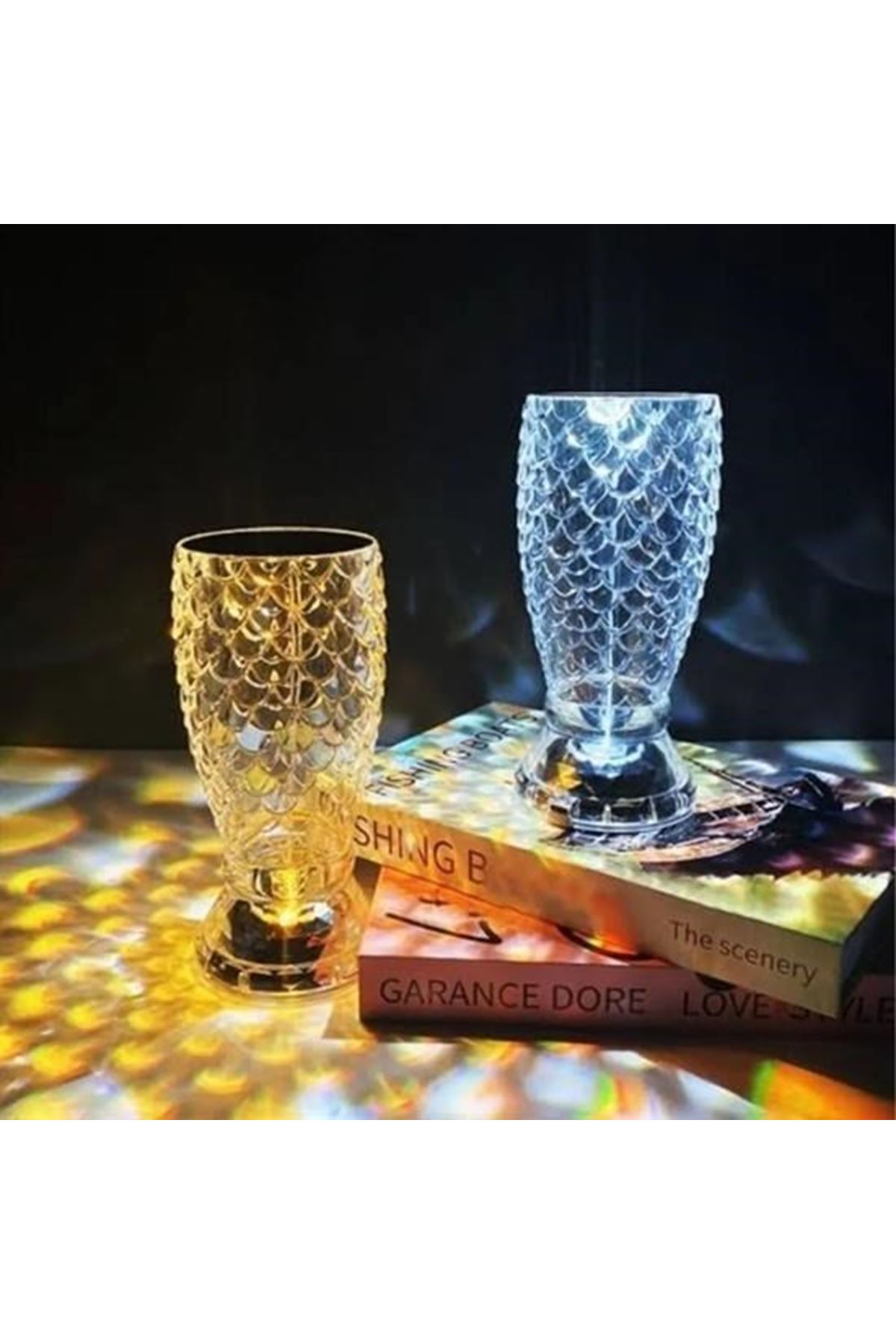 Tbl Dekor® Balık Süzgeç Model USB Şarjlı Kumandalı 16Farklı Işık Modlu Masa Üstü Kristal Akrilik Led