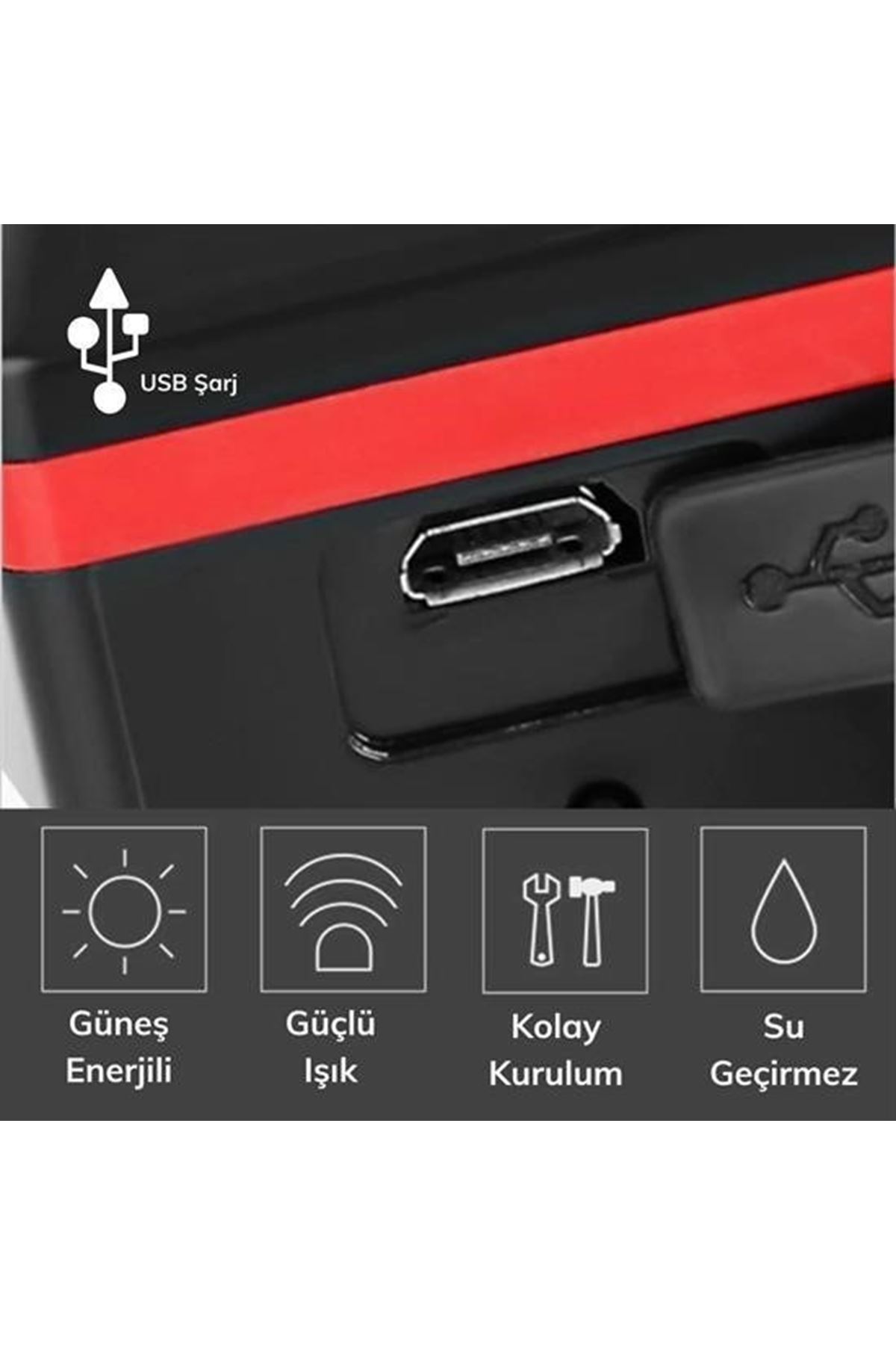 Tbl Dekor® Solar Enerjili USB ile Şarj Edilebilir Ledli Bisiklet Feneri Kornalı ve Su Geçirmez Far