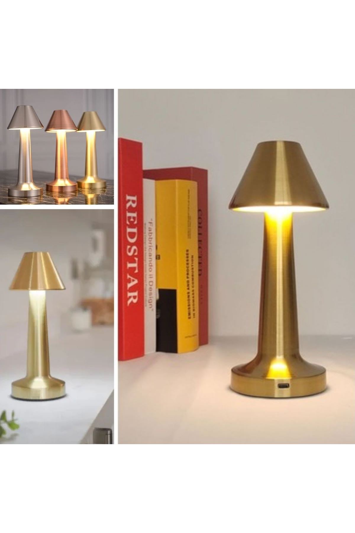 Tbl Dekor® Çatı Model Gold Renk Şarjlı Dokunmatik 3 Renkli LED Masa Lambası