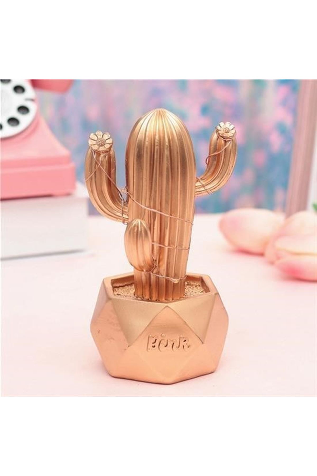 Tbl Dekor® Led Işıklı Sevimli Kaktüs Dekoratif Masa Lambası Mini Biblo Gece Lambası-GOLD