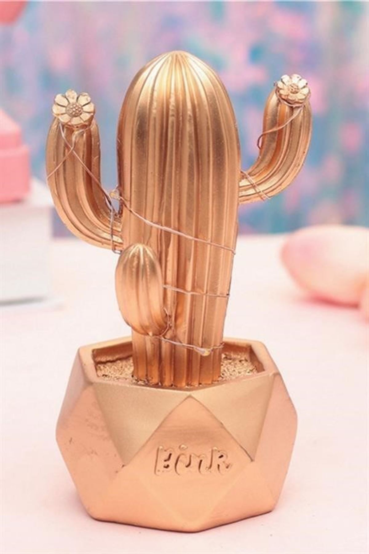 Tbl Dekor® Led Işıklı Sevimli Kaktüs Dekoratif Masa Lambası Mini Biblo Gece Lambası-GOLD