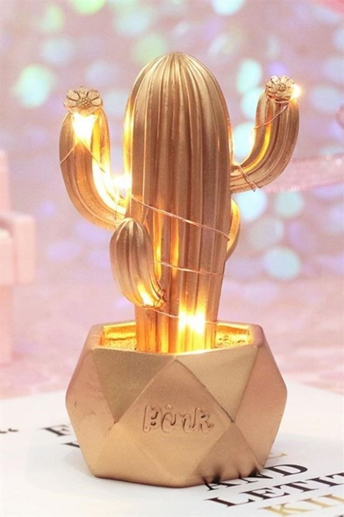 Tbl Dekor® Led Işıklı Sevimli Kaktüs Dekoratif Masa Lambası Mini Biblo Gece Lambası-GOLD