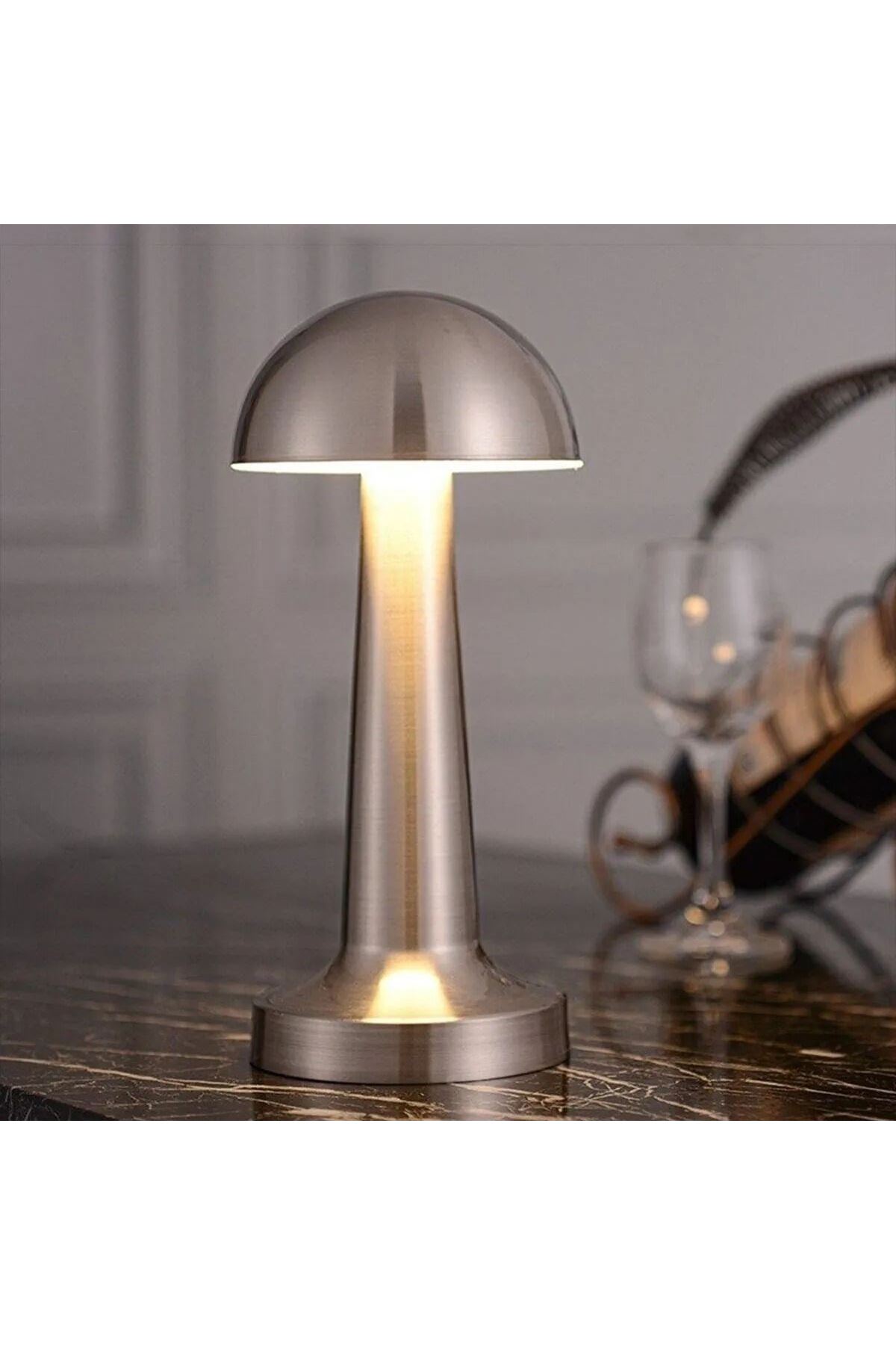 Tbl Dekor® Mantar Model Silver Renk Şarjlı Dokunmatik 3 Renkli LED Masa Lambası