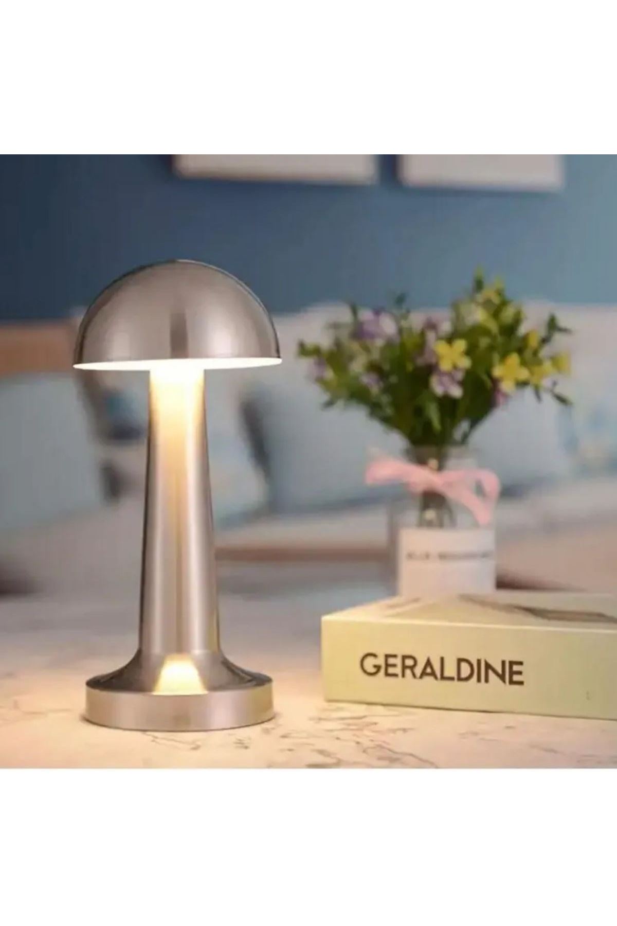 Tbl Dekor® Mantar Model Silver Renk Şarjlı Dokunmatik 3 Renkli LED Masa Lambası