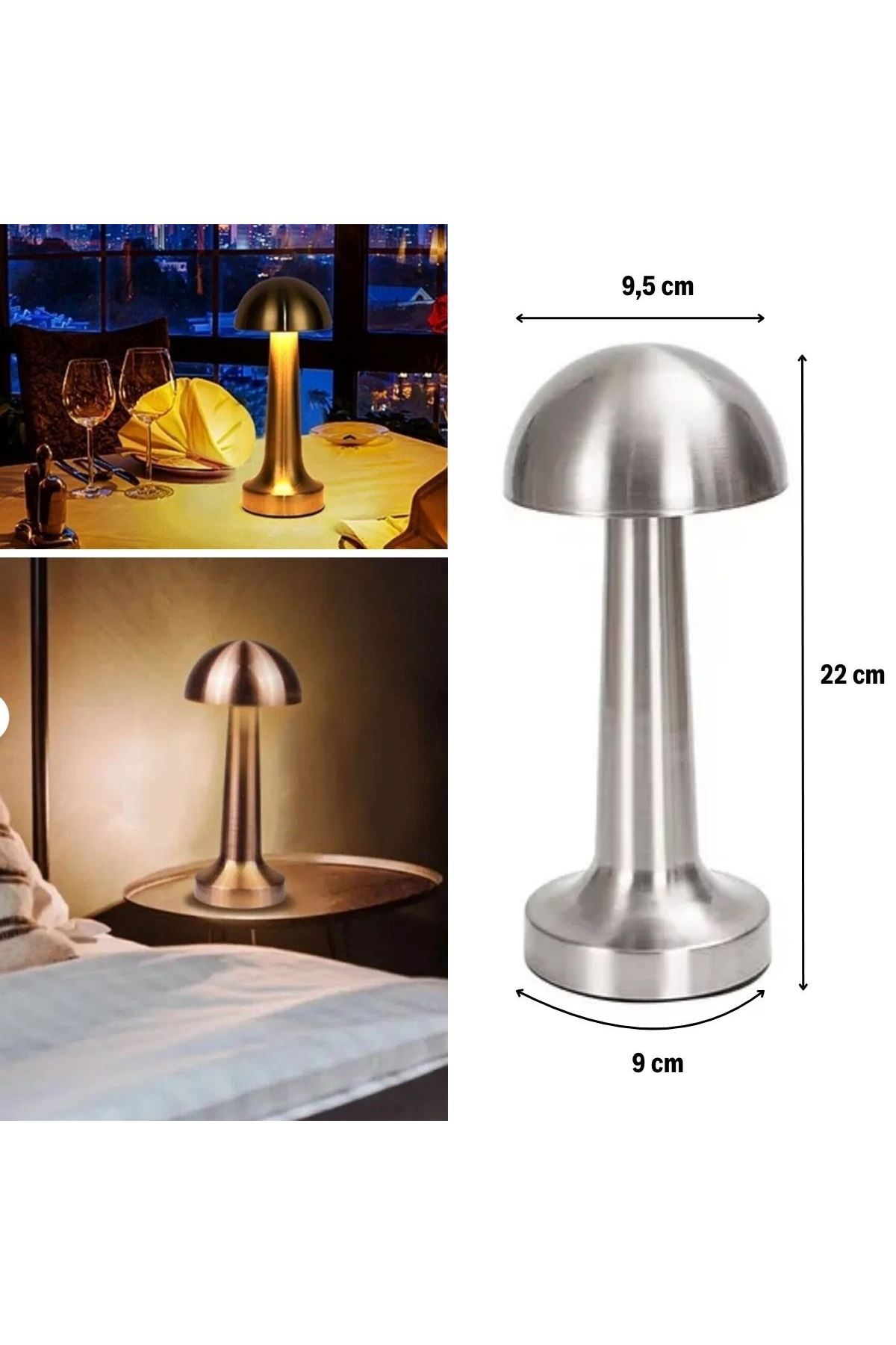 Tbl Dekor® Mantar Model Silver Renk Şarjlı Dokunmatik 3 Renkli LED Masa Lambası