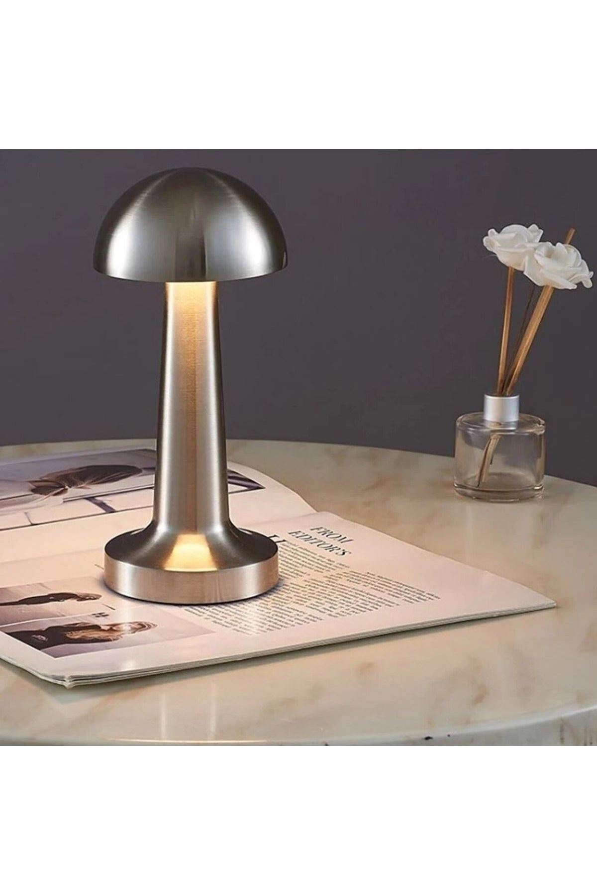 Tbl Dekor® Mantar Model Silver Renk Şarjlı Dokunmatik 3 Renkli LED Masa Lambası