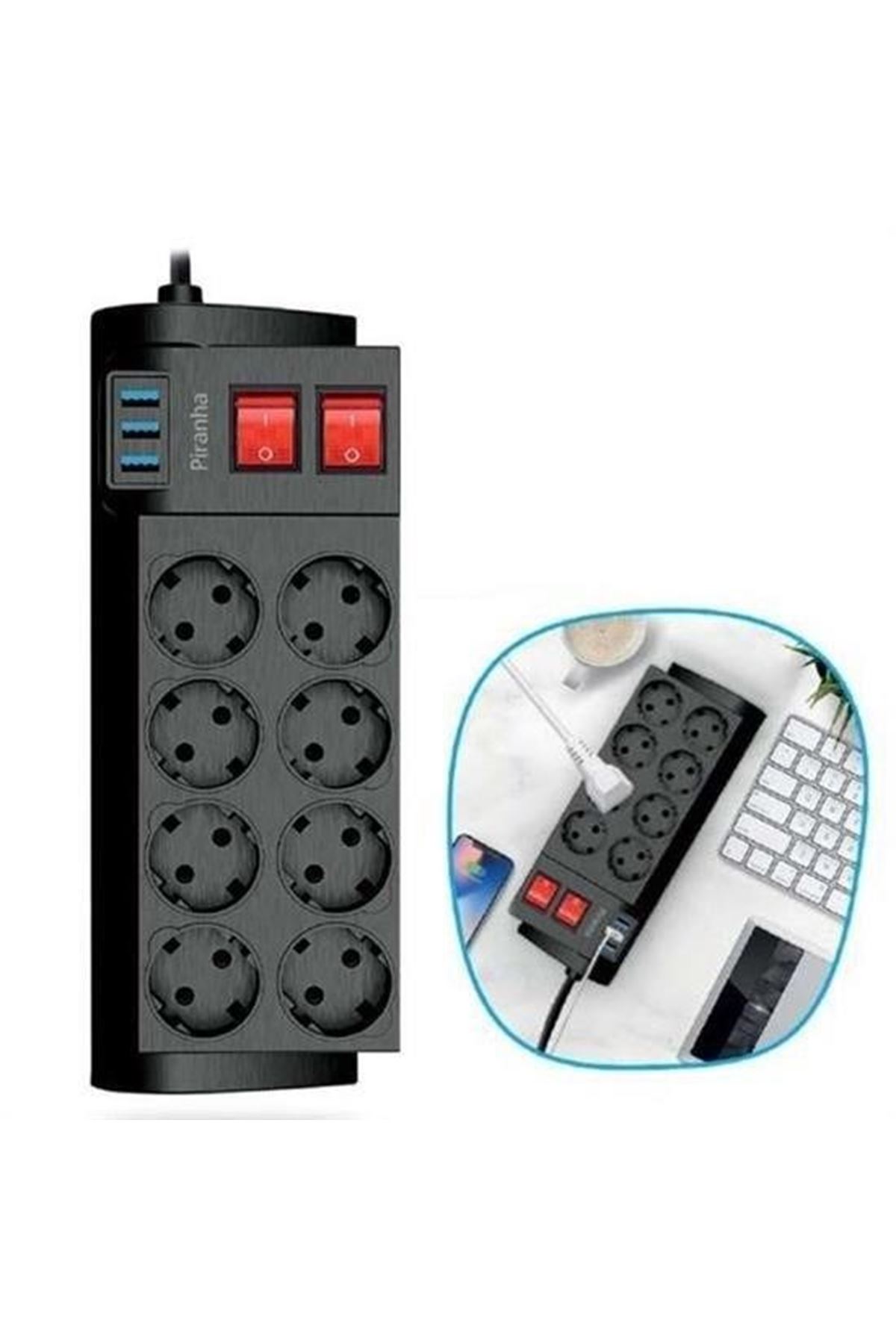 Tbl Dekor® Isıya Dayanıklı Termal Akım Korumalı 2 Metre 16A 4000W 8li Priz ve 3 Usb Li Uzatma Kablosu