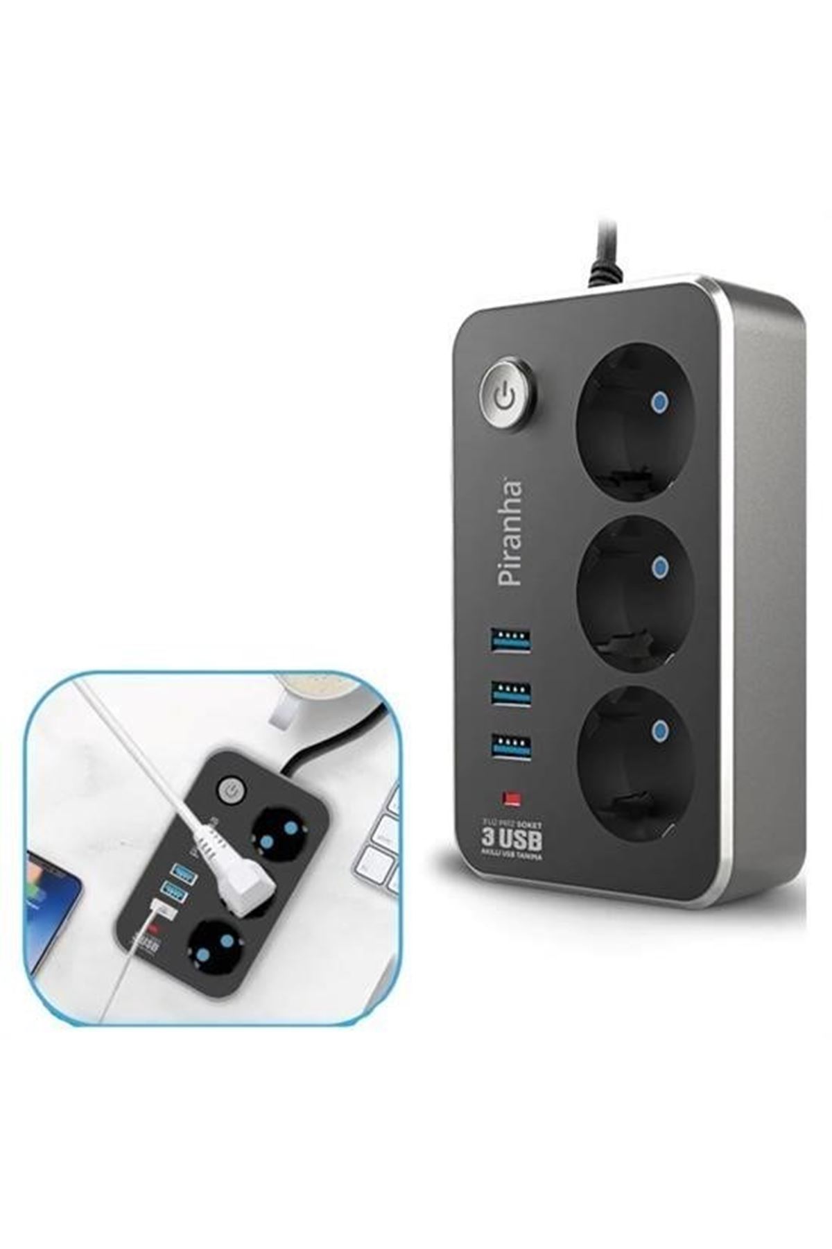 Tbl Dekor® Isıya Dayanıklı Termal Akım Korumalı 2 Mt 10A 2500W 3lü Priz ve 3 Usbi 21A Uzatma Kablosu