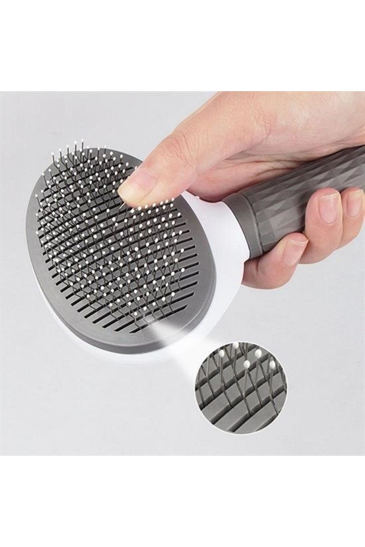 Tbl Dekor® Kedi Köpek Tüy Toplayıcı Kendini Temizleyebilen Ergonomik Rahat Evcil Hayvan Tarağı Gri