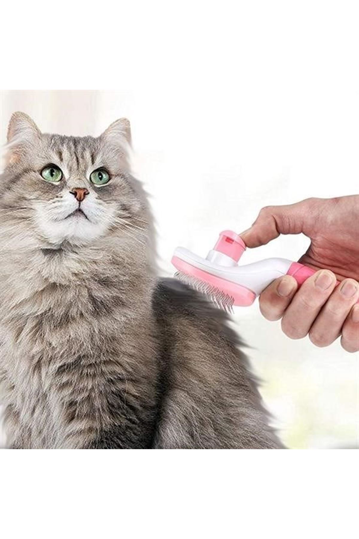 Tbl Dekor® Kedi Köpek Tüy Toplayıcı Kendini Temizleyebilen Ergonomik Saplı Evcil Hayvan Tarağı Pembe