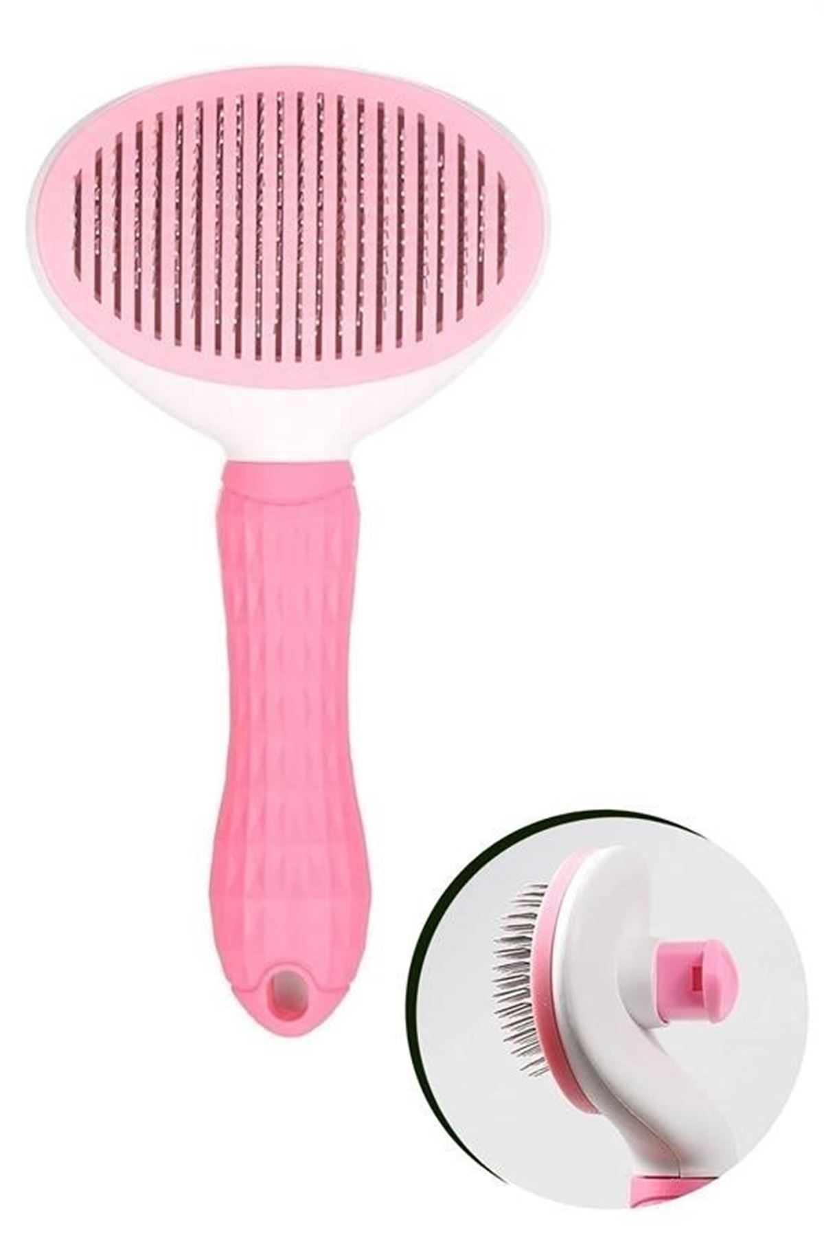 Tbl Dekor® Kedi Köpek Tüy Toplayıcı Kendini Temizleyebilen Ergonomik Saplı Evcil Hayvan Tarağı Pembe