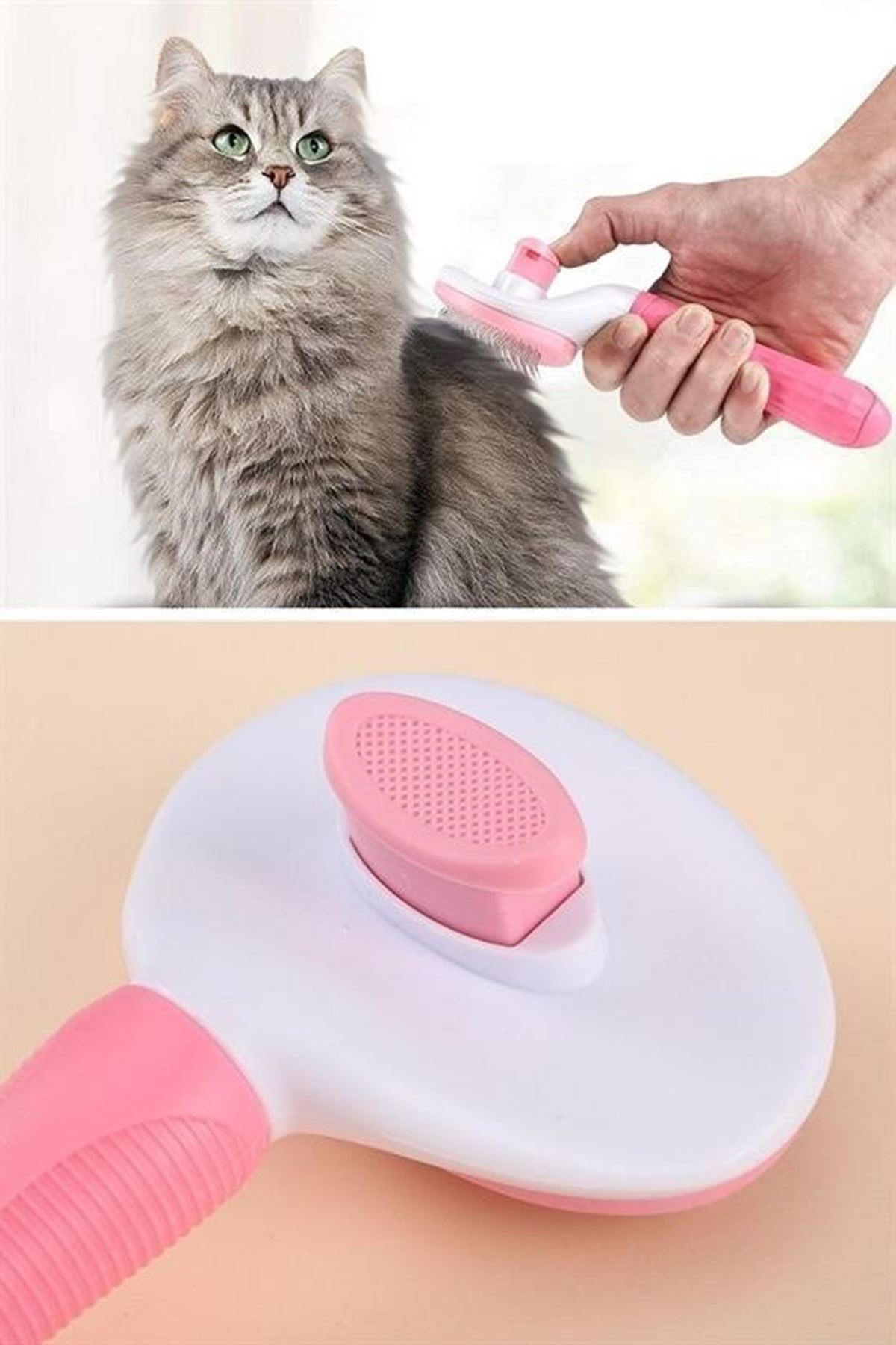 Tbl Dekor® Kedi Köpek Tüy Toplayıcı Kendini Temizleyebilen Ergonomik Saplı Evcil Hayvan Tarağı Pembe