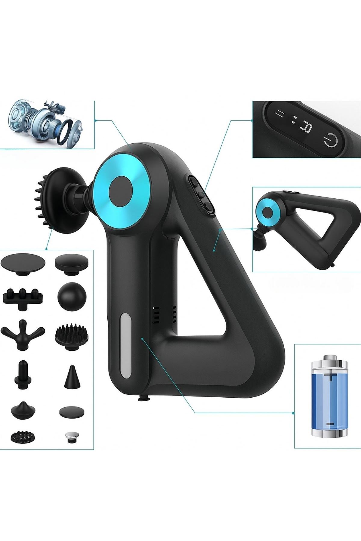 Tbl Dekor® 12 Farklı Başlıklı Profesyonel Masaj Tabancası - Kas Gevşetici ve Yorgunluk Giderici Masaj Aleti