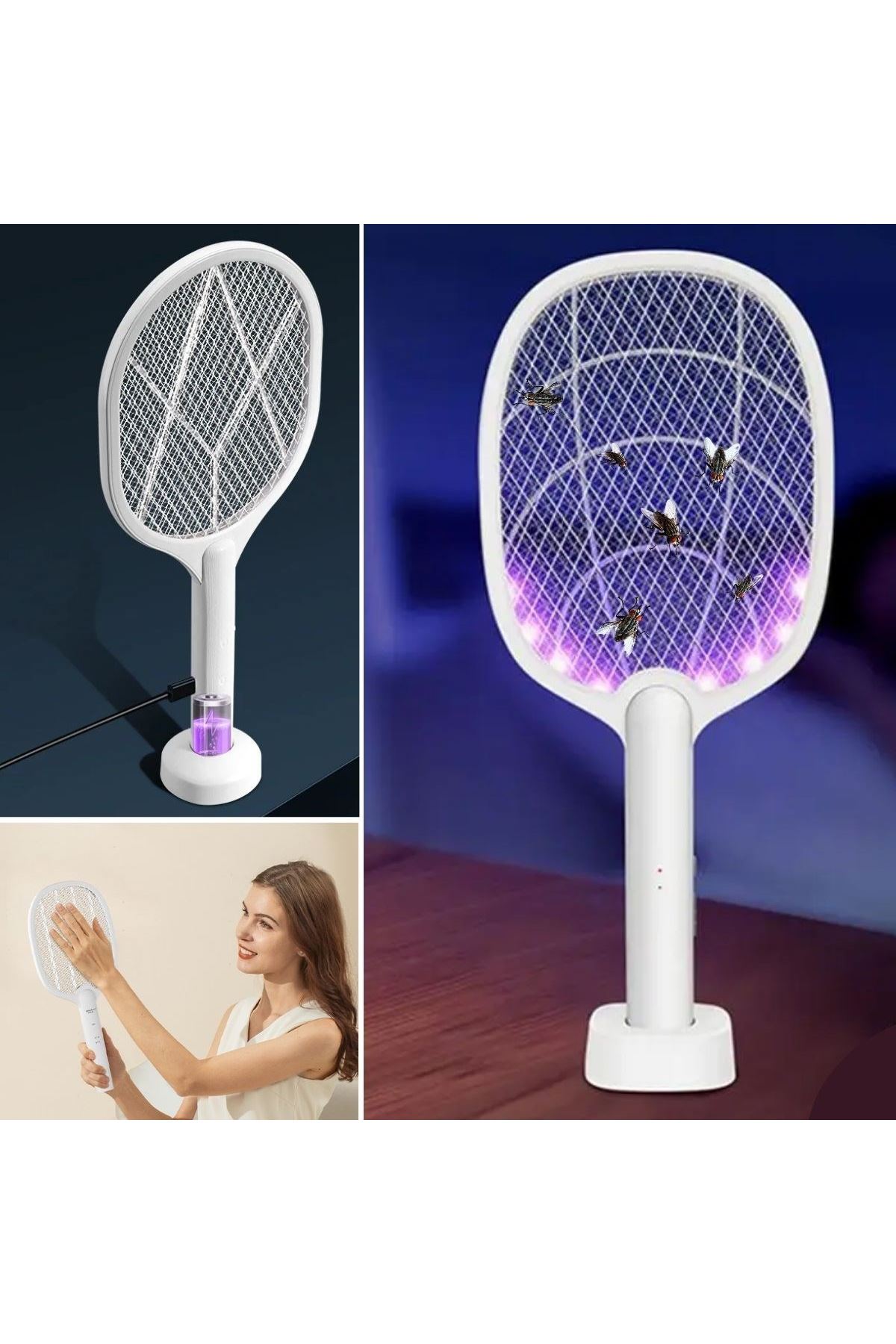 Tbl Dekor® Şarjlı Sinek Öldürücü Masaüstü Standlı,Mor Işık Sinek Kovucu Raket 5w